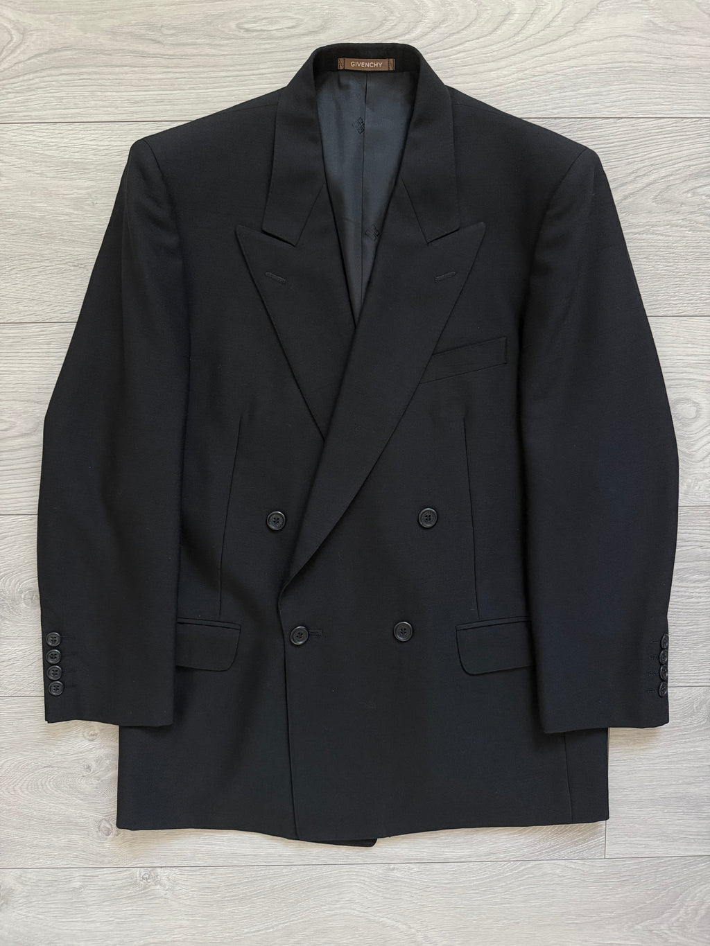 Givenchy 1990s Peak Lapel Double Breasted Wool Black Suit - Size S Jacket / 28" Waist