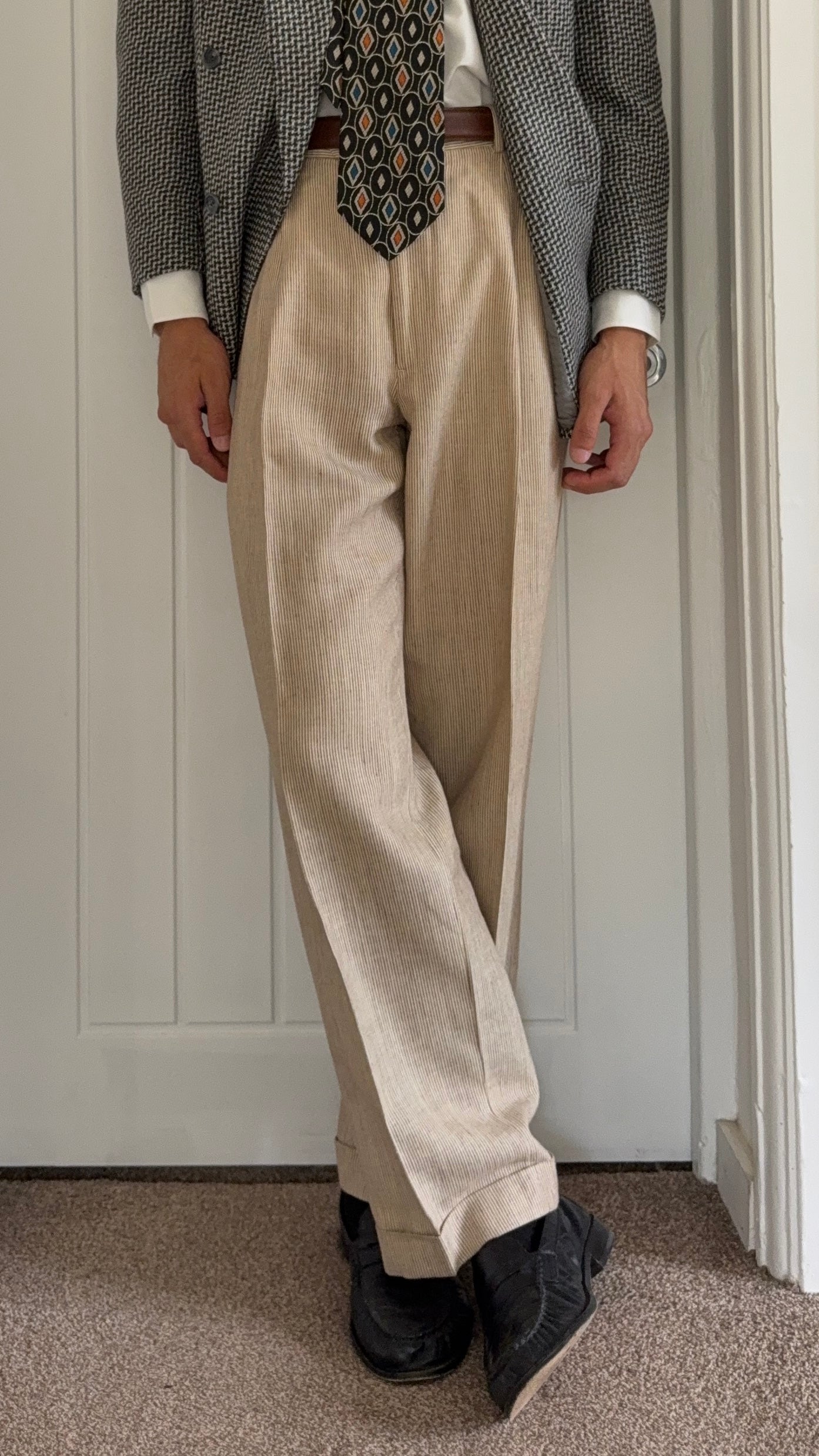 Brooks Brothers 1990s Pleated Wool Silk Linen Seersucker Beige Pants - Size 34" Waist