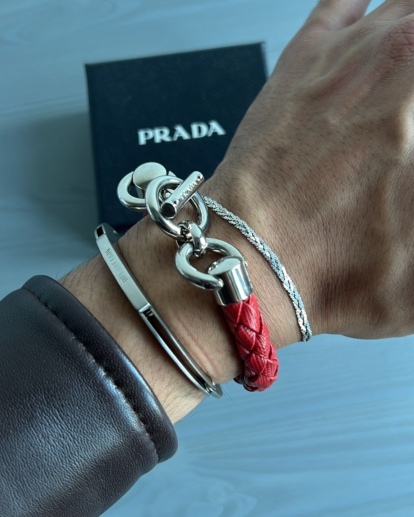 Prada Mainline 2015 Braided Leather Toggle Bracelet