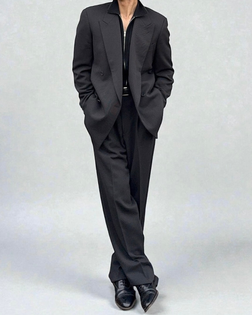 Giorgio Armani 1980s Double Breasted Pleated Wool Suit Black New - Size L Jacket / 32" Waist