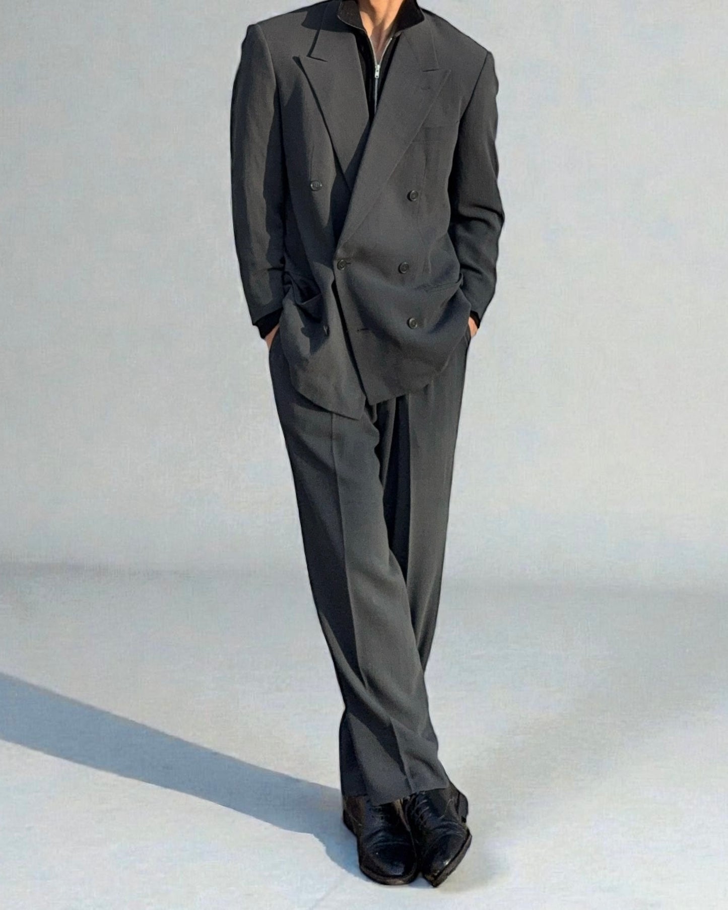 Giorgio Armani 1990s Double Breasted Draped Pleated Wool Suit - Size L Jacket / 32" Waist