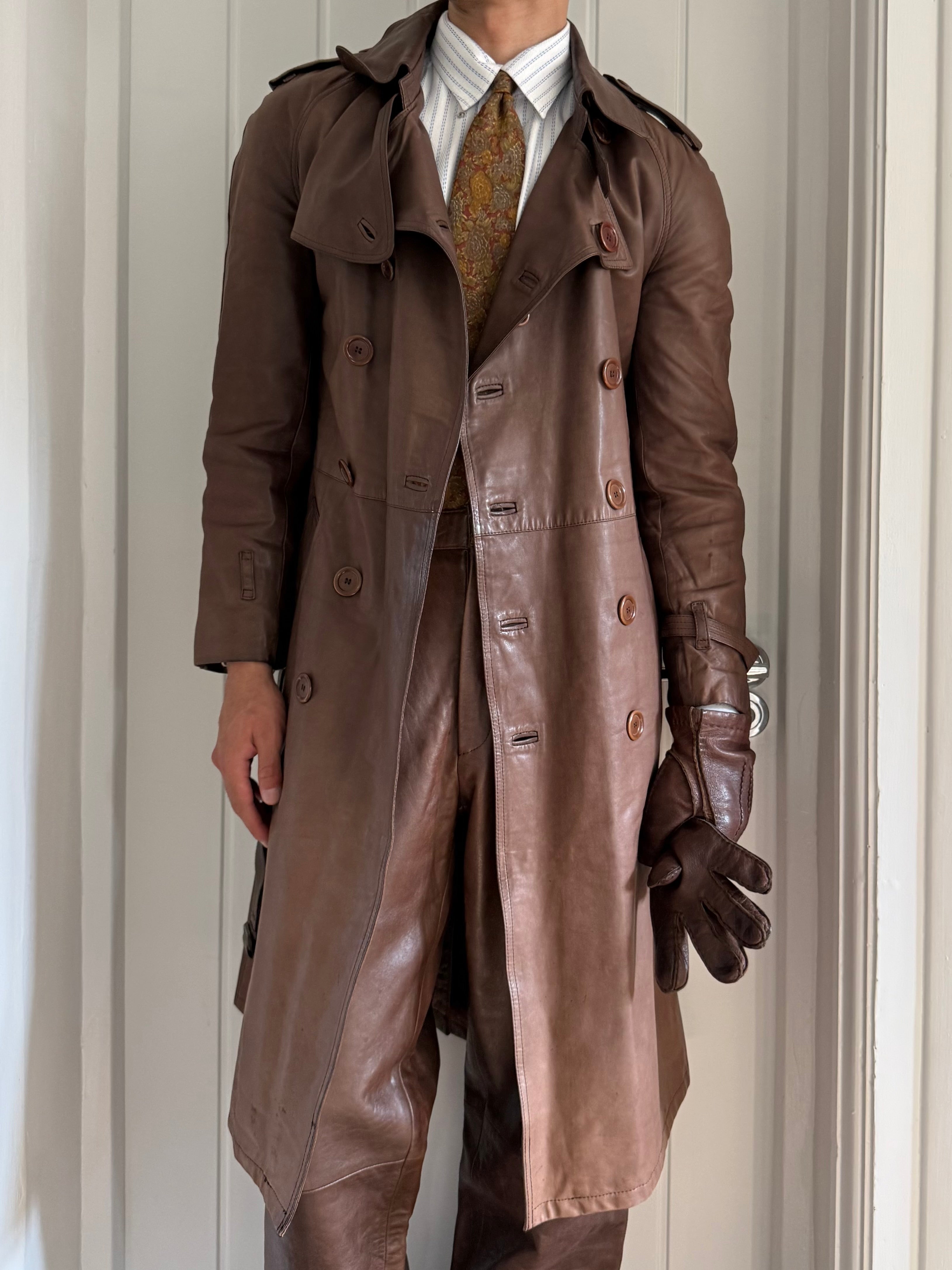 Sicons Armani 1980s Leather Military Trench Coat - Size S