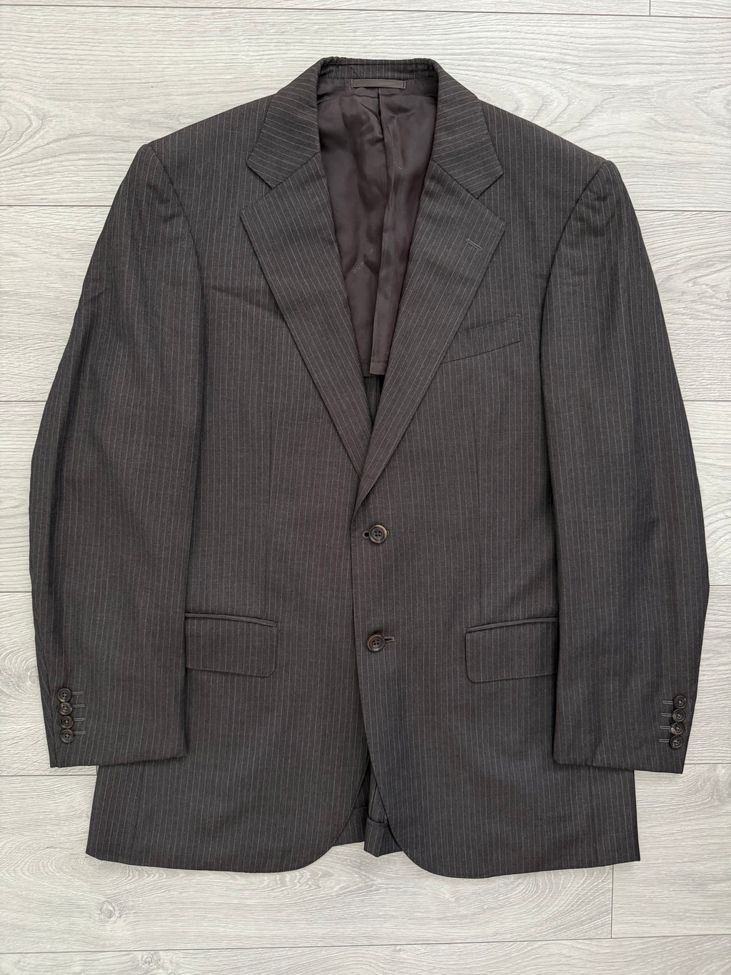 Burberry 1990s 2B Striped Wool Double-Pleat Espresso Grey Suit - Size M Jacket / 33" Waist