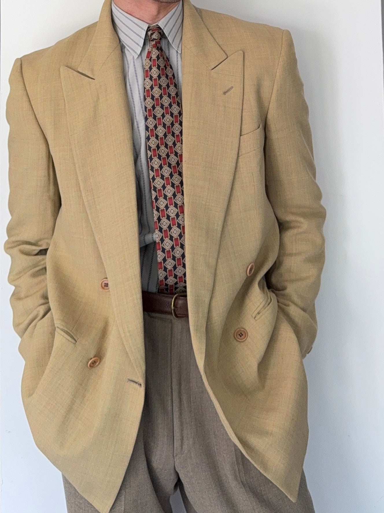 Valentino 1980s Peaked Lapel Double Breasted Textured Wool Blend Unstructured Sports Jacket Blazer - Size M