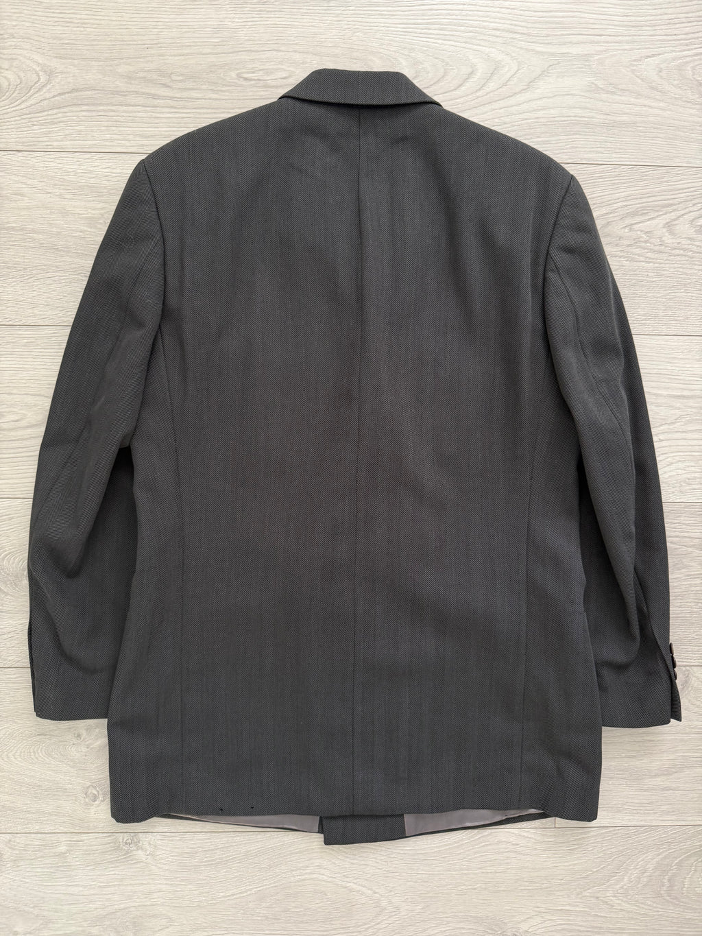 Hugo Boss 1980s 'Omega' Peaked Lapel Double Breasted Pleated Wool Herringbone Suit Grey - Size M Jacket / 32" Waist