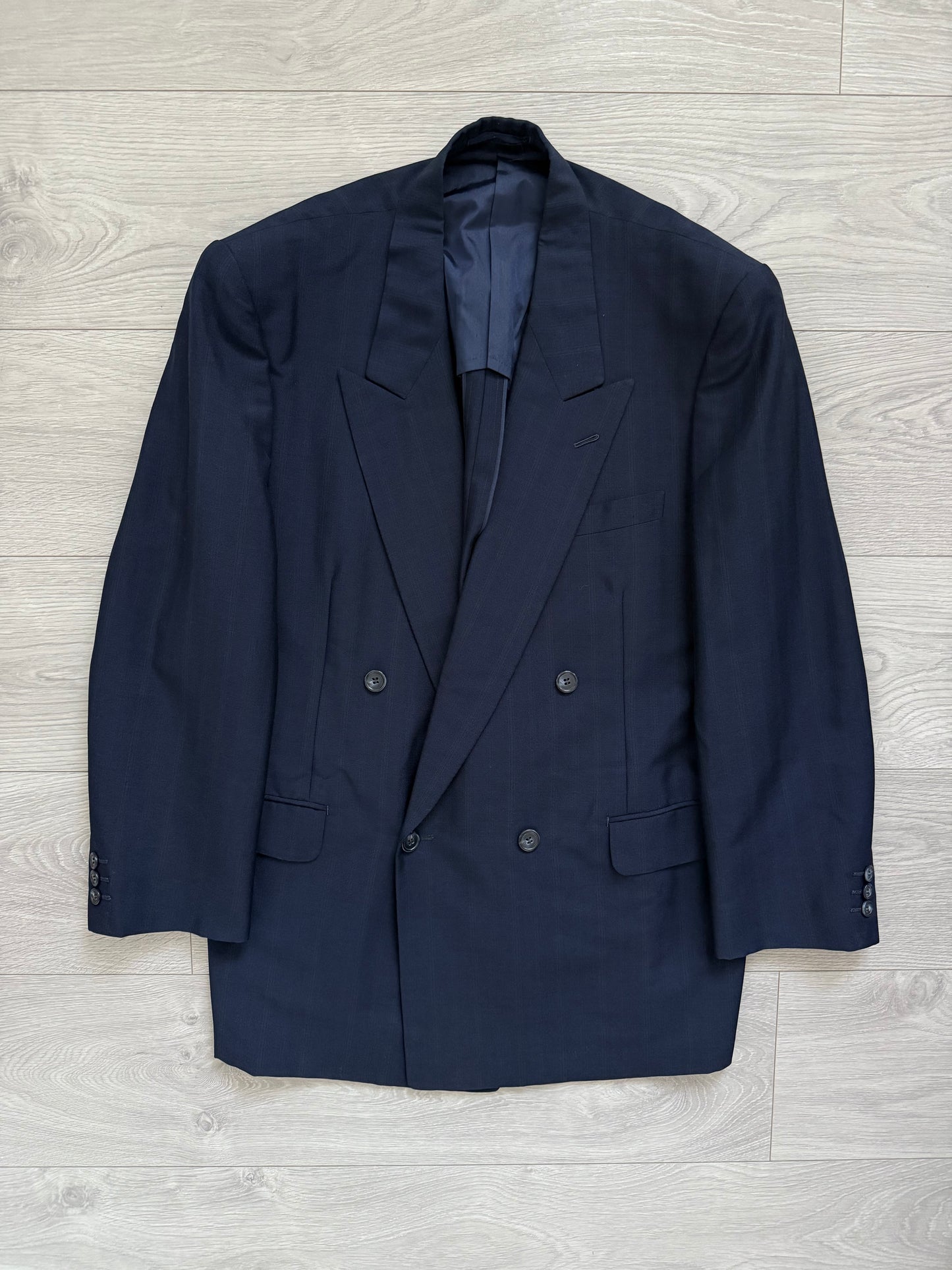 Yves Saint Laurent 1990s Double-Breasted Pleated Striped Blue Wool Suit - Size L Jacket / 32" Waist