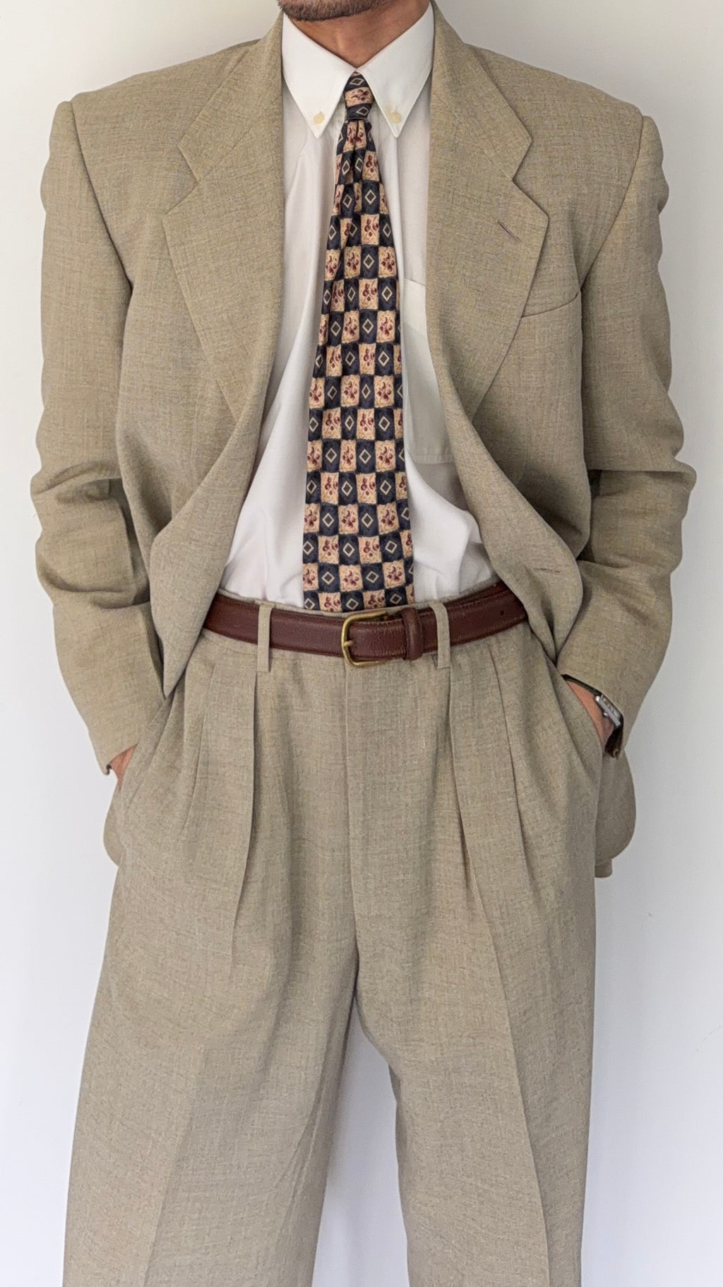Giorgio Armani Black Label 1990s 2B Pleated Rayon Wool Draped Suit Taupe Beige - Size S Jacket / 29" Waist