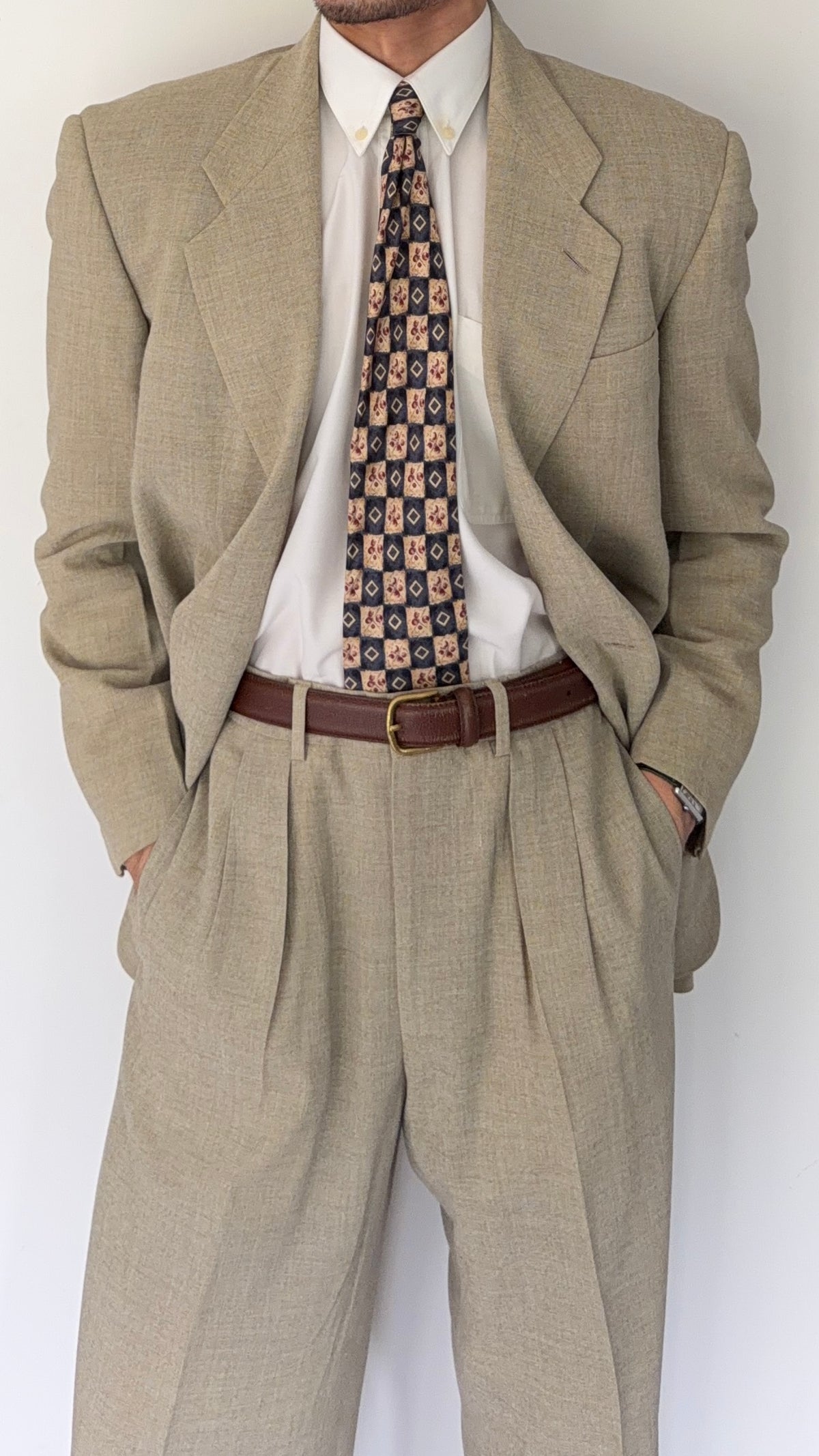 Giorgio Armani Black Label 1990s 2B Pleated Rayon Wool Draped Suit Taupe Beige - Size S Jacket / 29" Waist