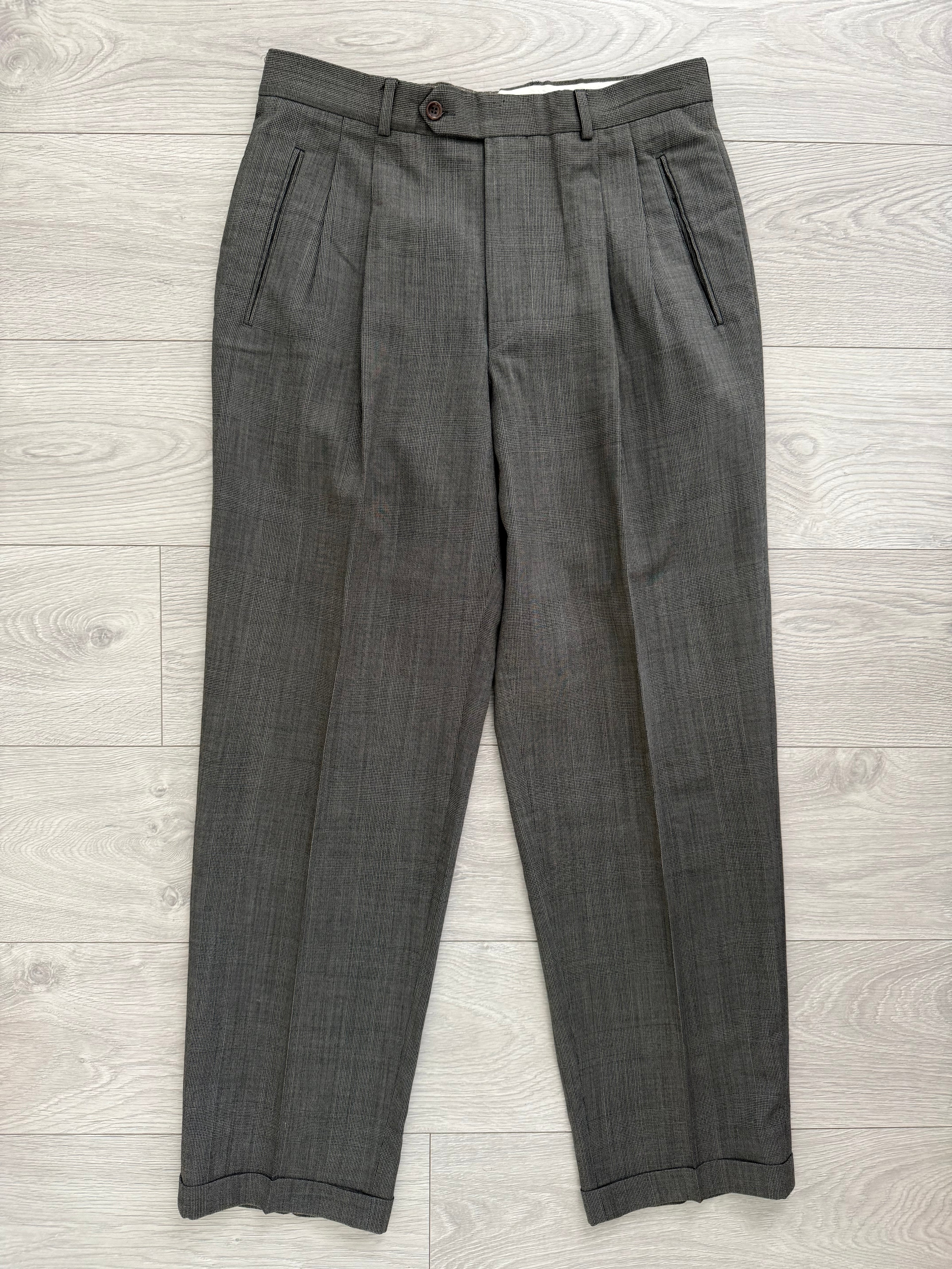 Hugo Boss 1980s 'Zeus' Peaked Lapel Double Breasted Pleated Wool Check Suit Greige - Size XL Jacket / 34" Waist