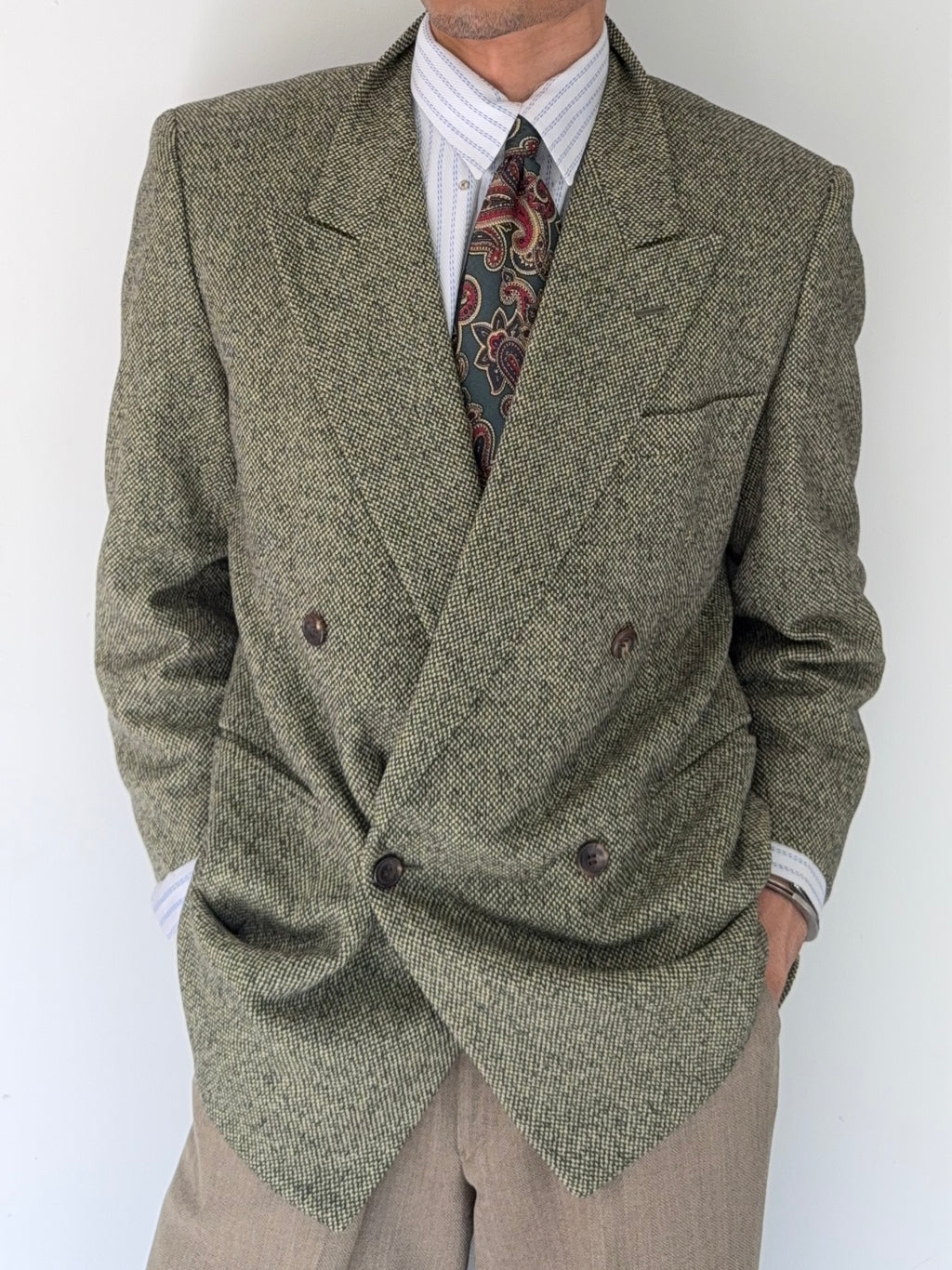 Dior 1980s Peaked Lapel Double Breasted Textured Wool Sports Blazer Jacket - Size S