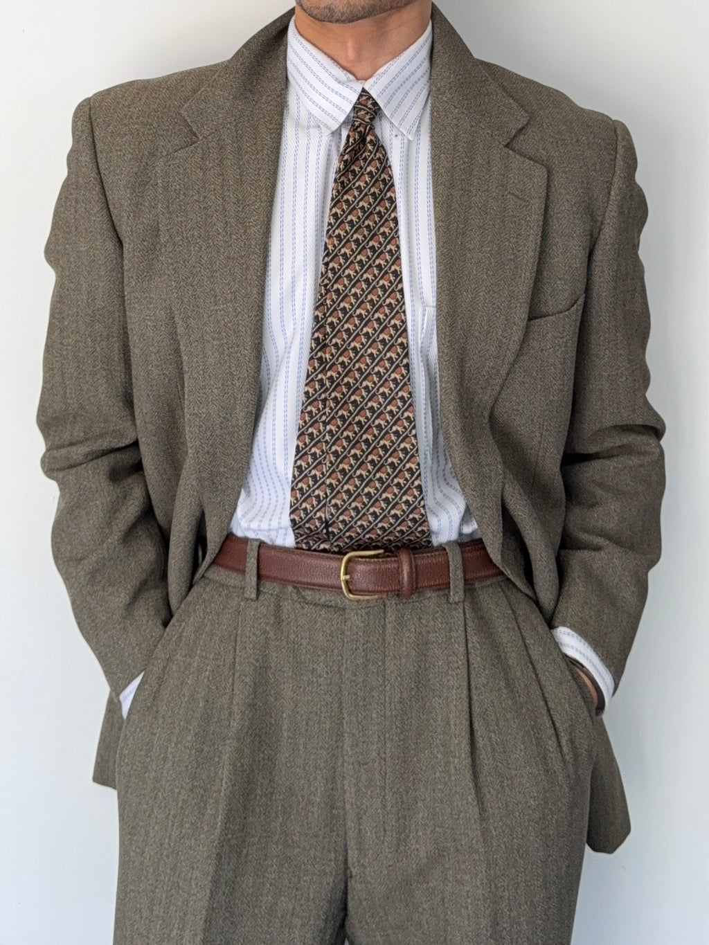 Calvin Klein 1990s 2B Herringbone Wool Double Pleat Suit Khaki Green - Size M Jacket / 32" Waist