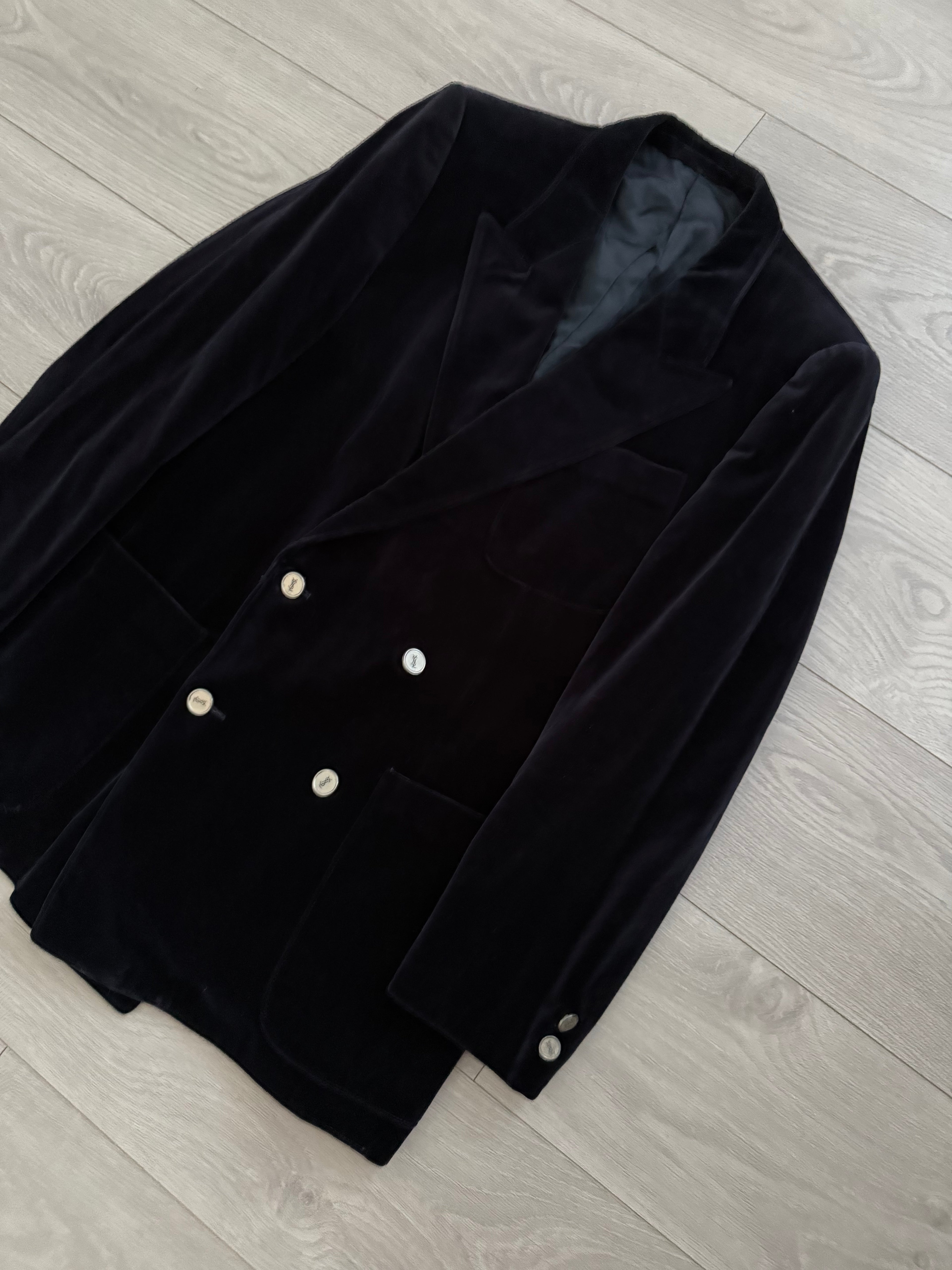 Yves Saint Laurent 1980s Velvet Peaked Lapel Double Breasted Metal Button Blazer Jacket - Size S
