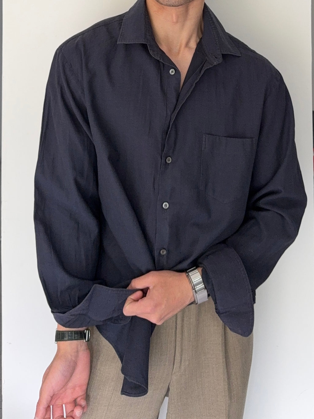 Armani 1990s Herringbone Pattern Long Sleeve Relaxed Shirt - Size XL