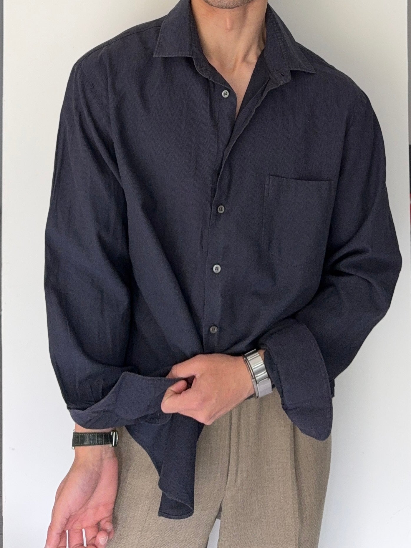 Armani 1990s Herringbone Pattern Long Sleeve Relaxed Shirt - Size XL