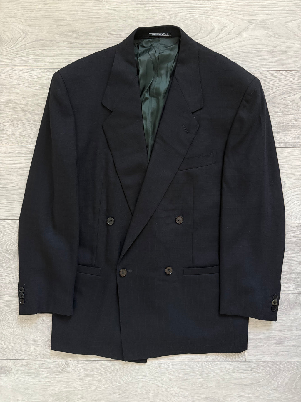 Versace 1980s Notch Lapel Double Breasted Wool Pleated Black Textured Suit - Size M Jacket / 30" Waist