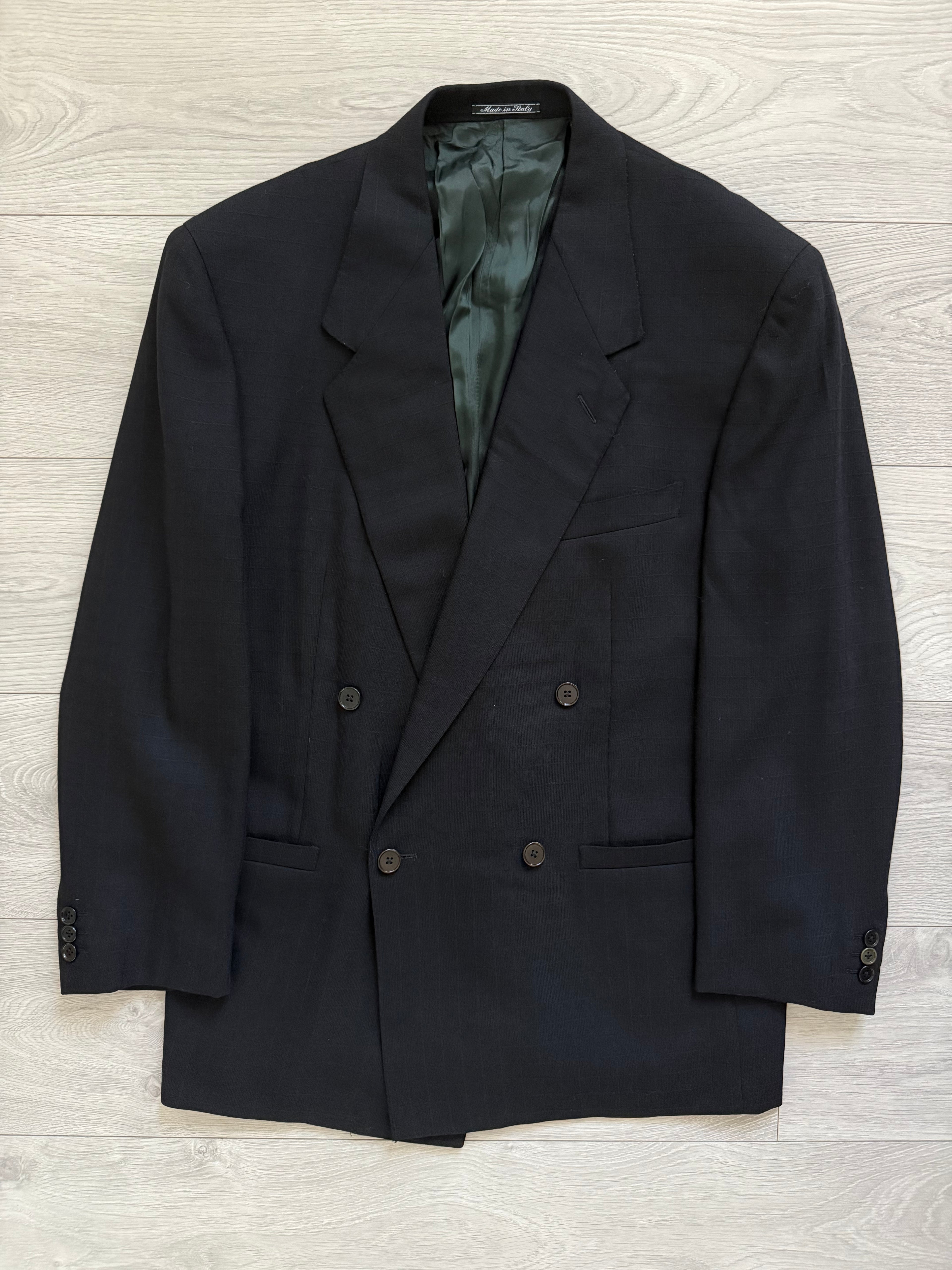 Versace 1980s Notch Lapel Double Breasted Wool Pleated Black Textured Suit - Size M Jacket / 30" Waist