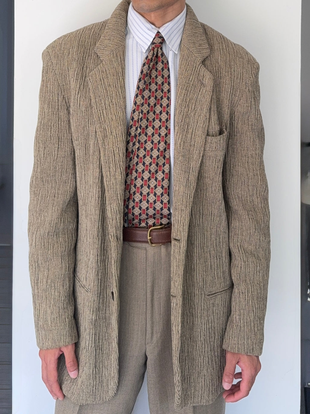 Emporio Armani 1990s 3D 'Tree Bark' Textured Wool Rayon Sports Jacket Blazer - Size L