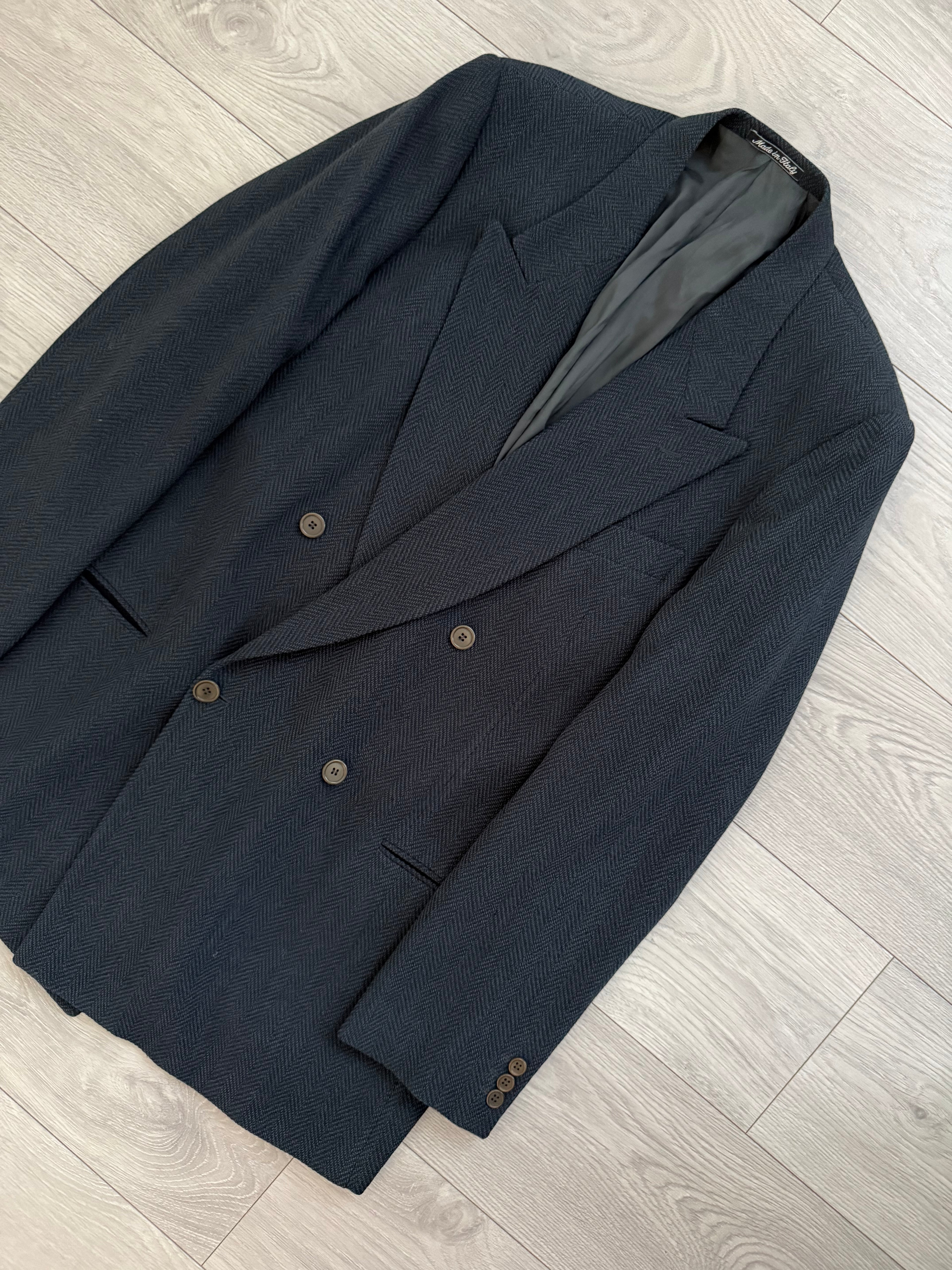 Armani Mani 1980s Peaked Lapel Double Breasted Herringbone Wool Sport Jacket Blazer - Size XXL