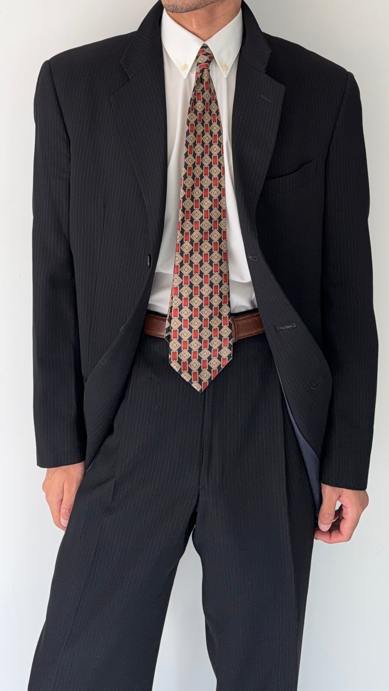 Armani 1990s 3B Pinstriped Textured Pleated Wool Suit  - Size XL Jacket / 36" Waist