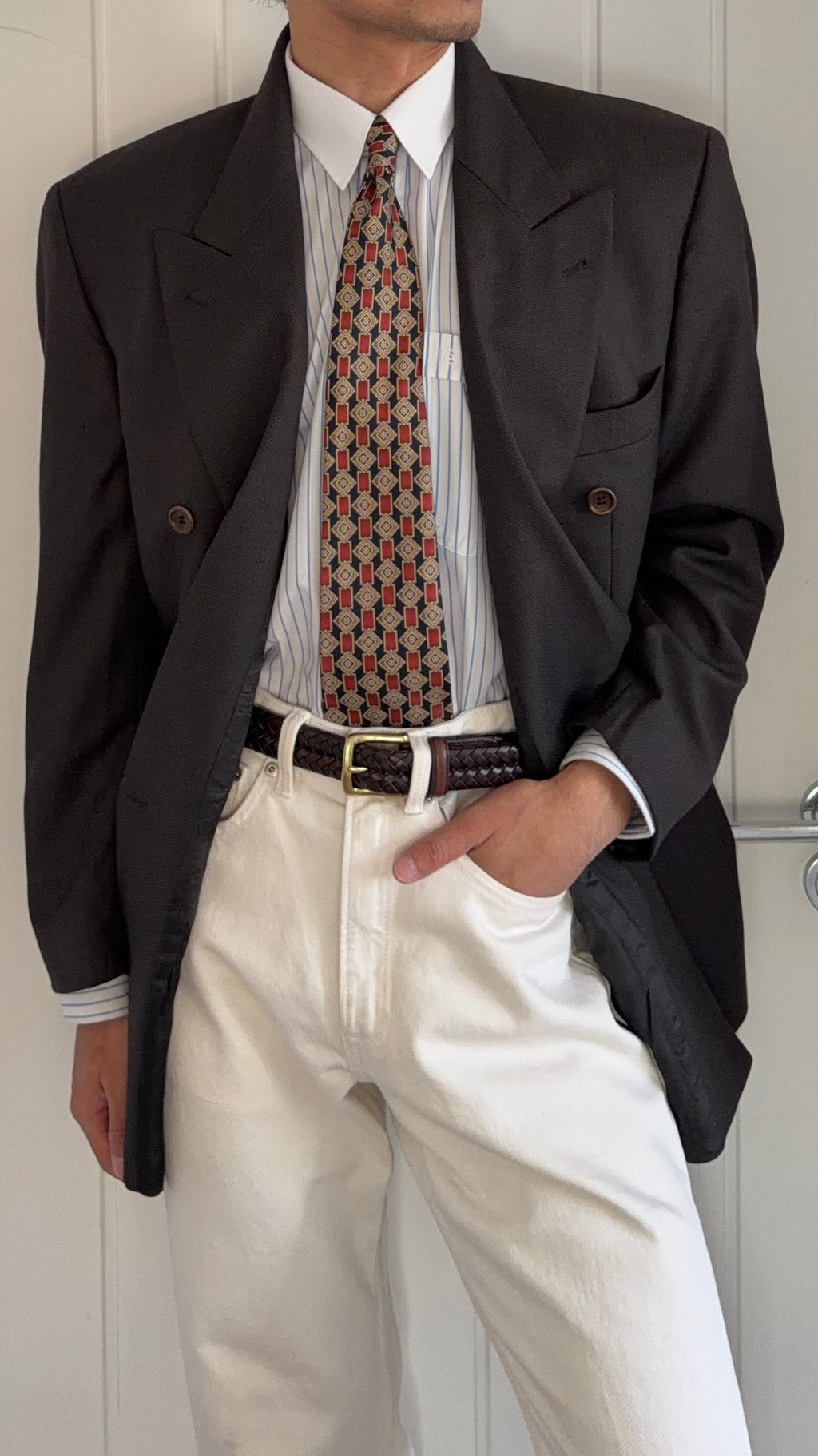 Hugo Boss 1980s Super 100s Peaked Lapel Double Breasted Wool Taupe Brown Sport Jacket Blazer - Size L