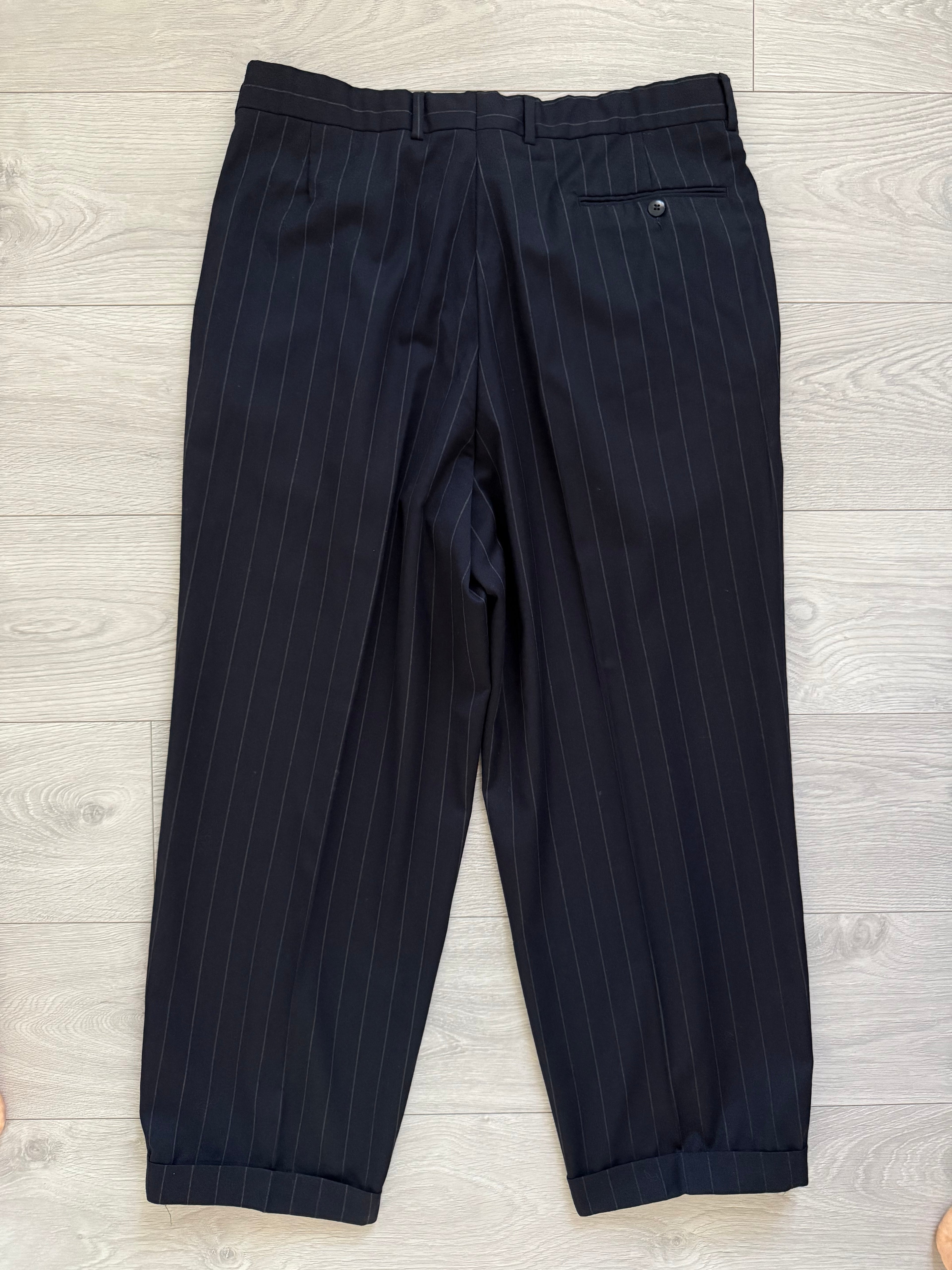 Hugo Boss 1980s 'Al Capone' Peak Lapel Double Breasted Pleated Striped Navy Suit - Size XXL Jacket / 36" Waist