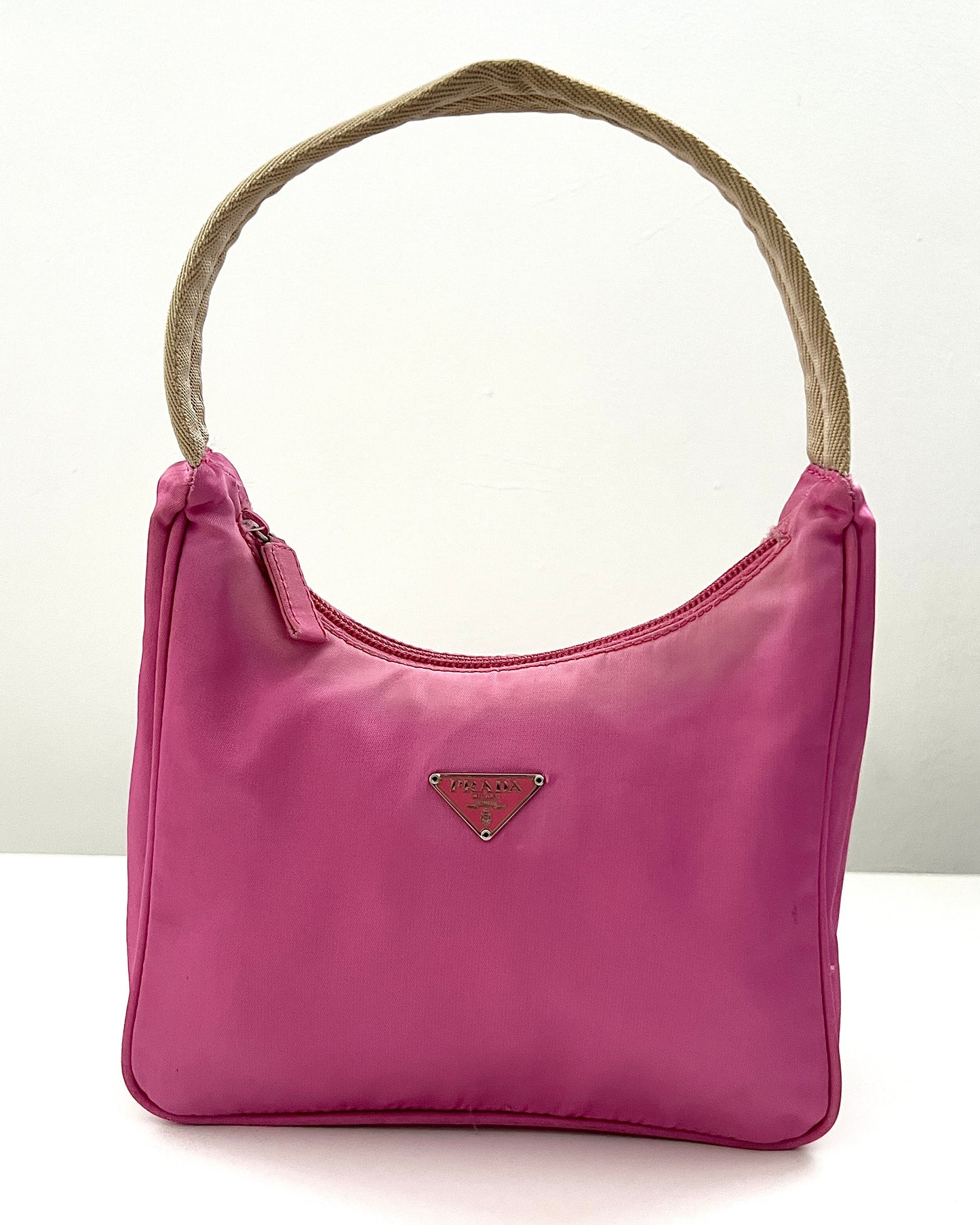 Prada 00s Vela Nylon Plaque Logo Pink Mini Hobo Bag