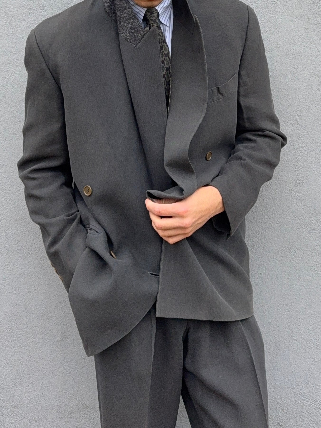 Emporio Armani 1990s Double Breasted Pleated Wool Grey Suit - Size M Jacket / 31" Waist