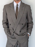Burberry 1990s Peak Lapel Double Breasted Pleated Textured Taupe Grey Suit - Size M Jacket / 32" Waist