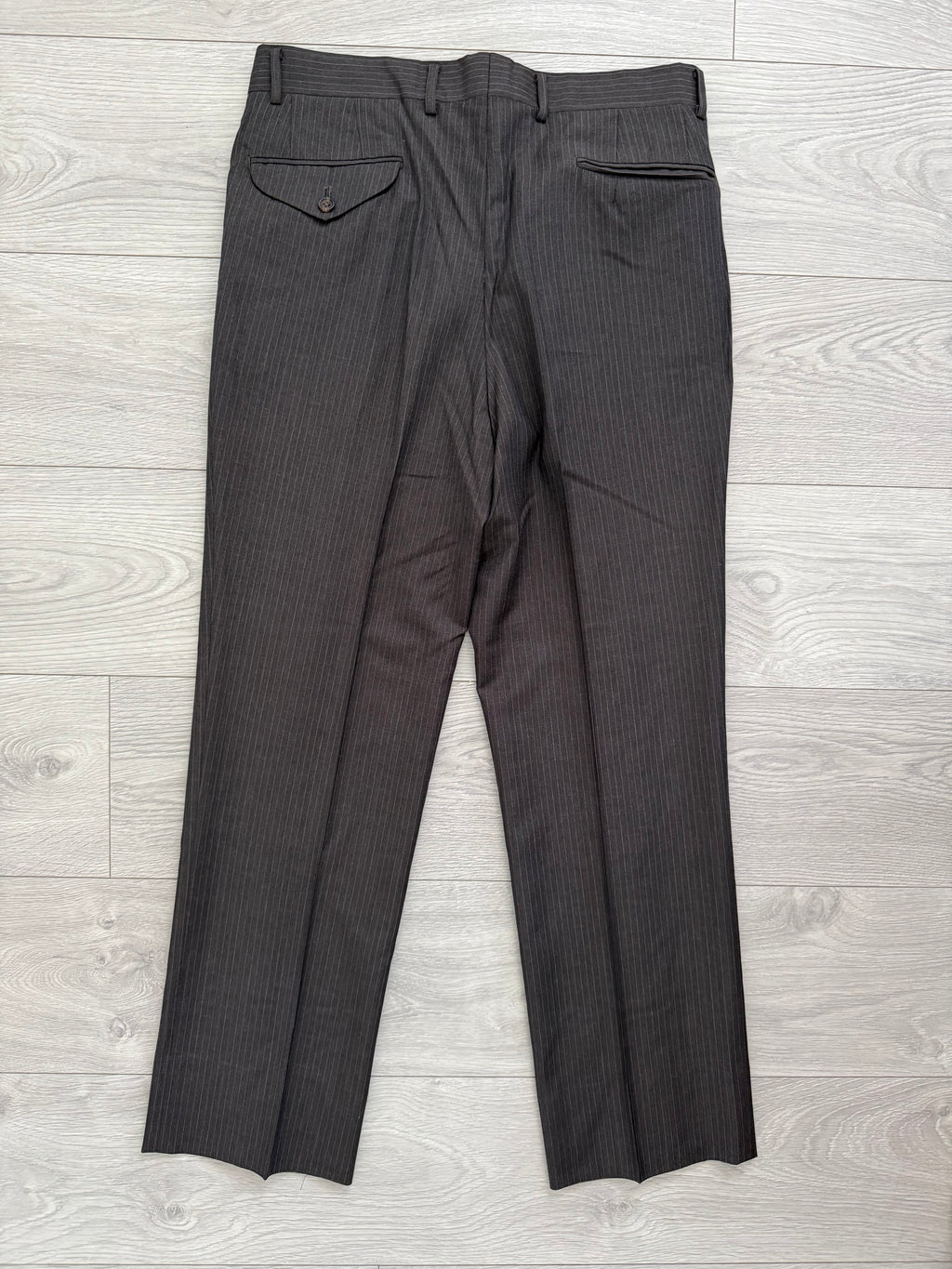 Burberry 1990s 2B Striped Wool Double-Pleat Espresso Grey Suit - Size M Jacket / 33" Waist