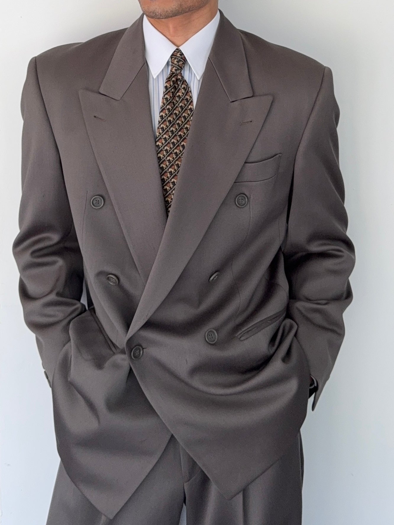 Hugo Boss 1980s 'Mitford' Peak Lapel Double Breasted Pleated Taupe Green Suit - Size L Jacket / 30" Waist