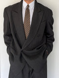 Vintage 1980s Peaked Lapel Double Breasted Pleated Wool Textured Grey Suit - Size XL Jacket / 36" Waist