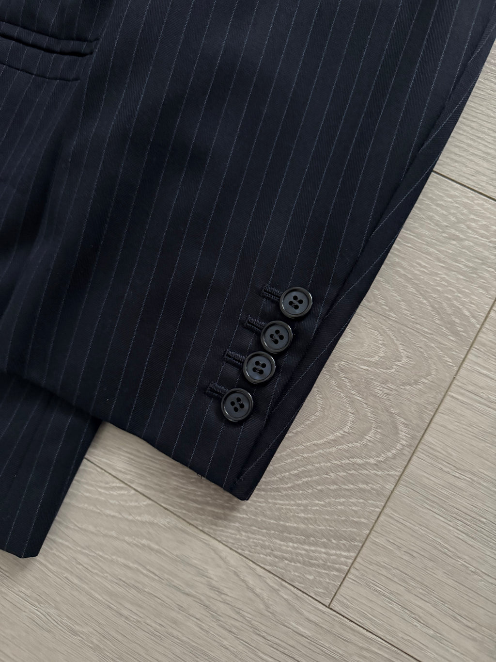 Yves Saint Laurent 1990s Double Breasted Pleated Striped Wool Navy Suit - Size M Jacket / 30" Waist