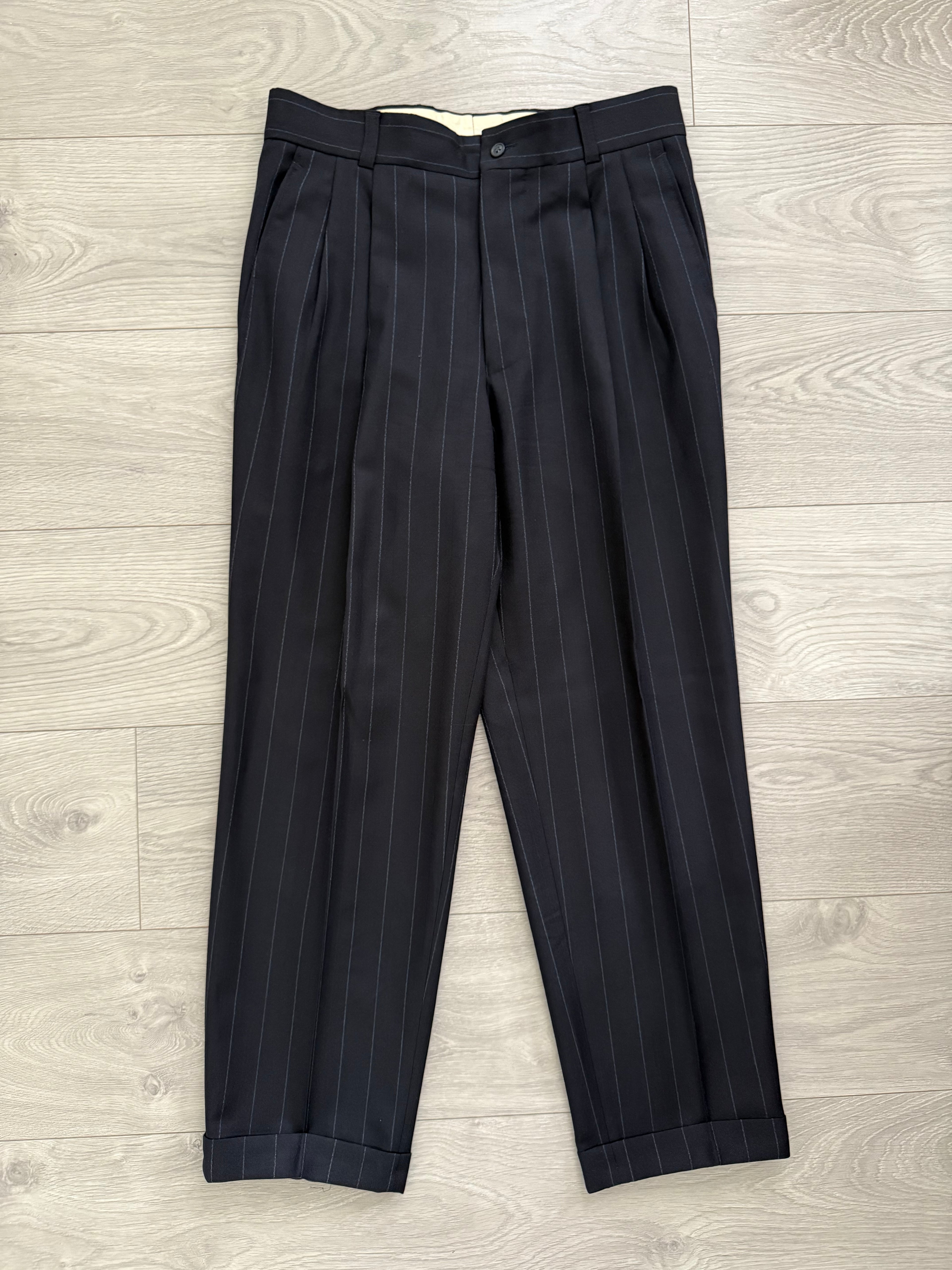 Hugo Boss 1990s 'Nostalgia' 6B Double Breasted Pleated Striped Wool Navy Suit - Size M Jacket / 32" Waist