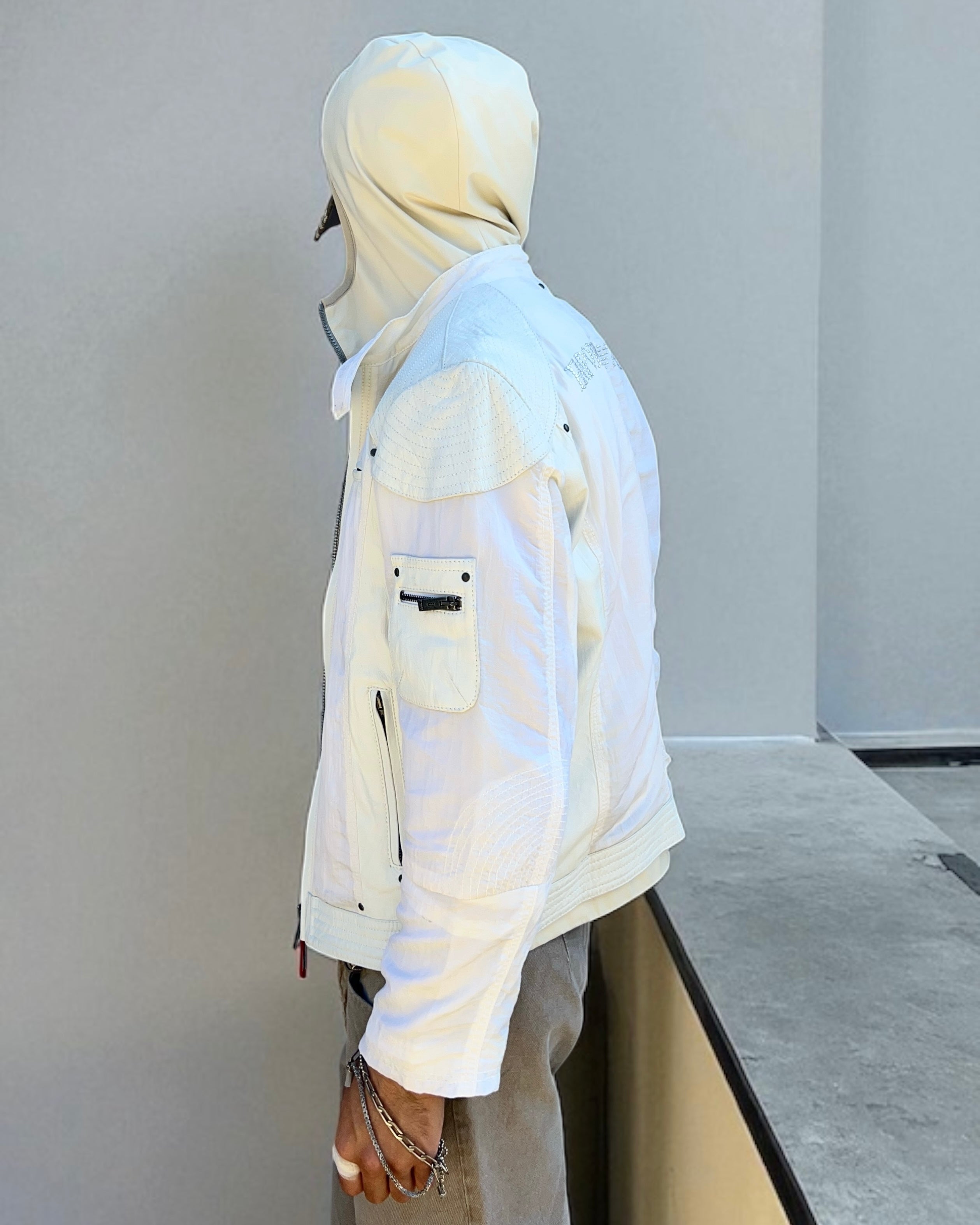 Emporio Armani 2001 Leather Panelled Cafe Racer Moto Jacket - Size M