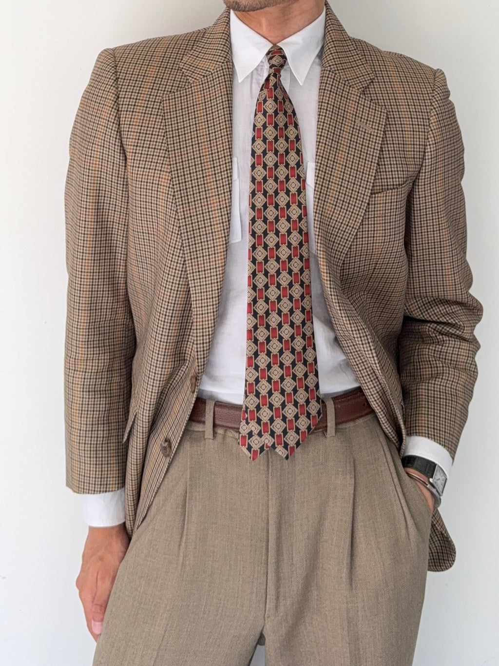 Burberry 1990s 2B Wool Multi-Pattern Tan Sports Jacket Blazer - Size S