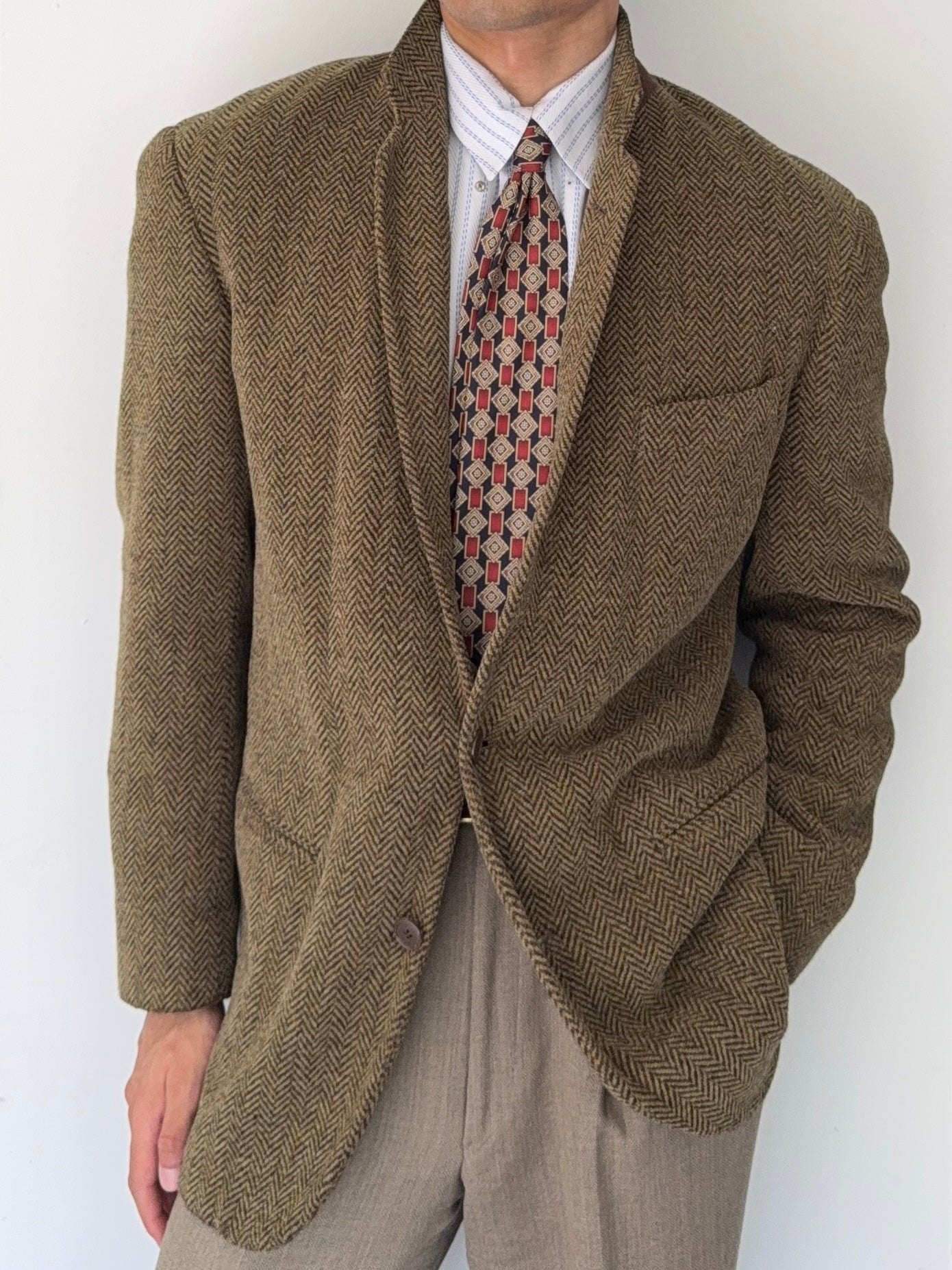 Emporio Armani 1990s 2B Herringbone Wool Textured Green Brown Sports Blazer Jacket - Size M
