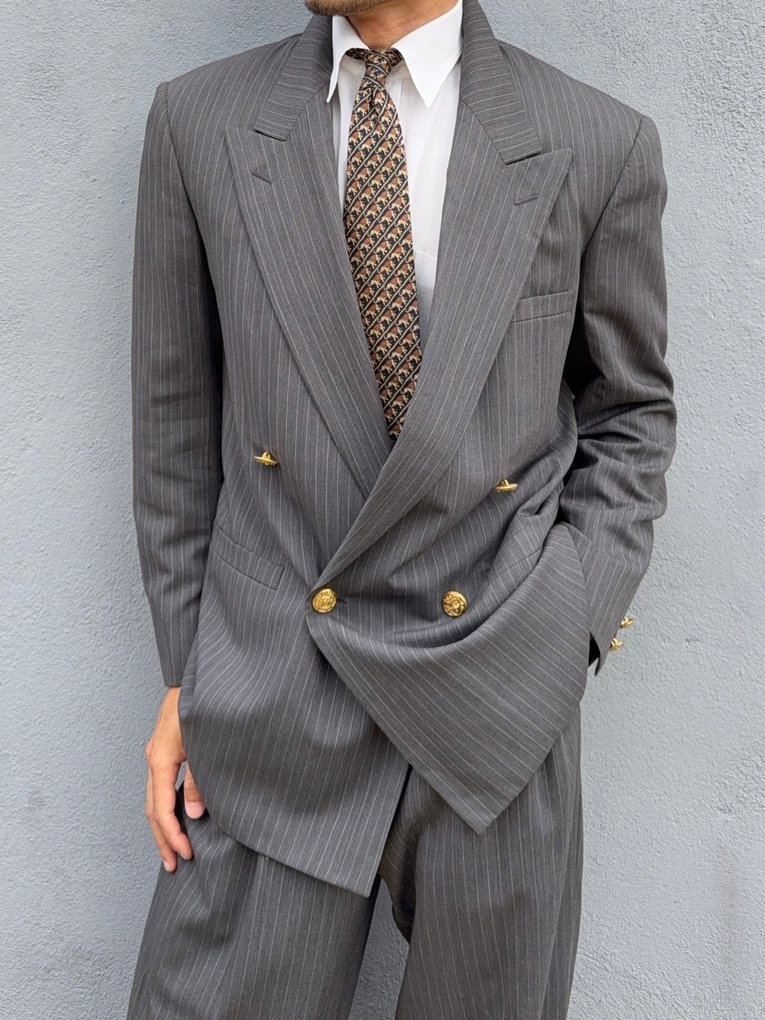 Versace 1980s Peaked Lapel Double Breasted Medusa Metal Button Triple Pleat Striped Wool Suit - Size S Jacket / 30" Waist
