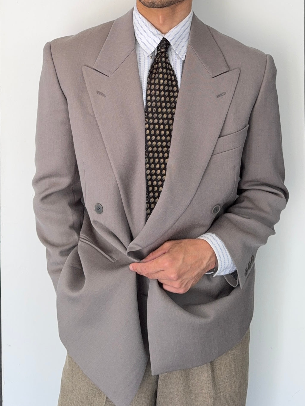 Emporio Armani 1990s Peaked Lapel Double Breasted Taupe Sports Jacket Blazer - Size S