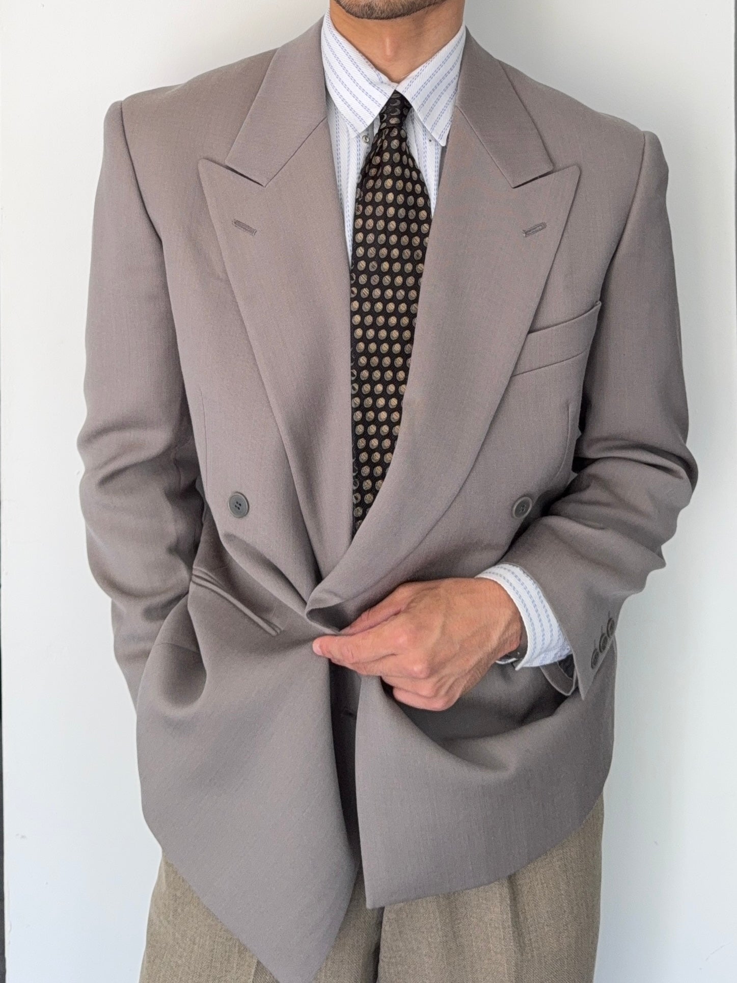 Emporio Armani 1990s Peaked Lapel Double Breasted Taupe Sports Jacket Blazer - Size S