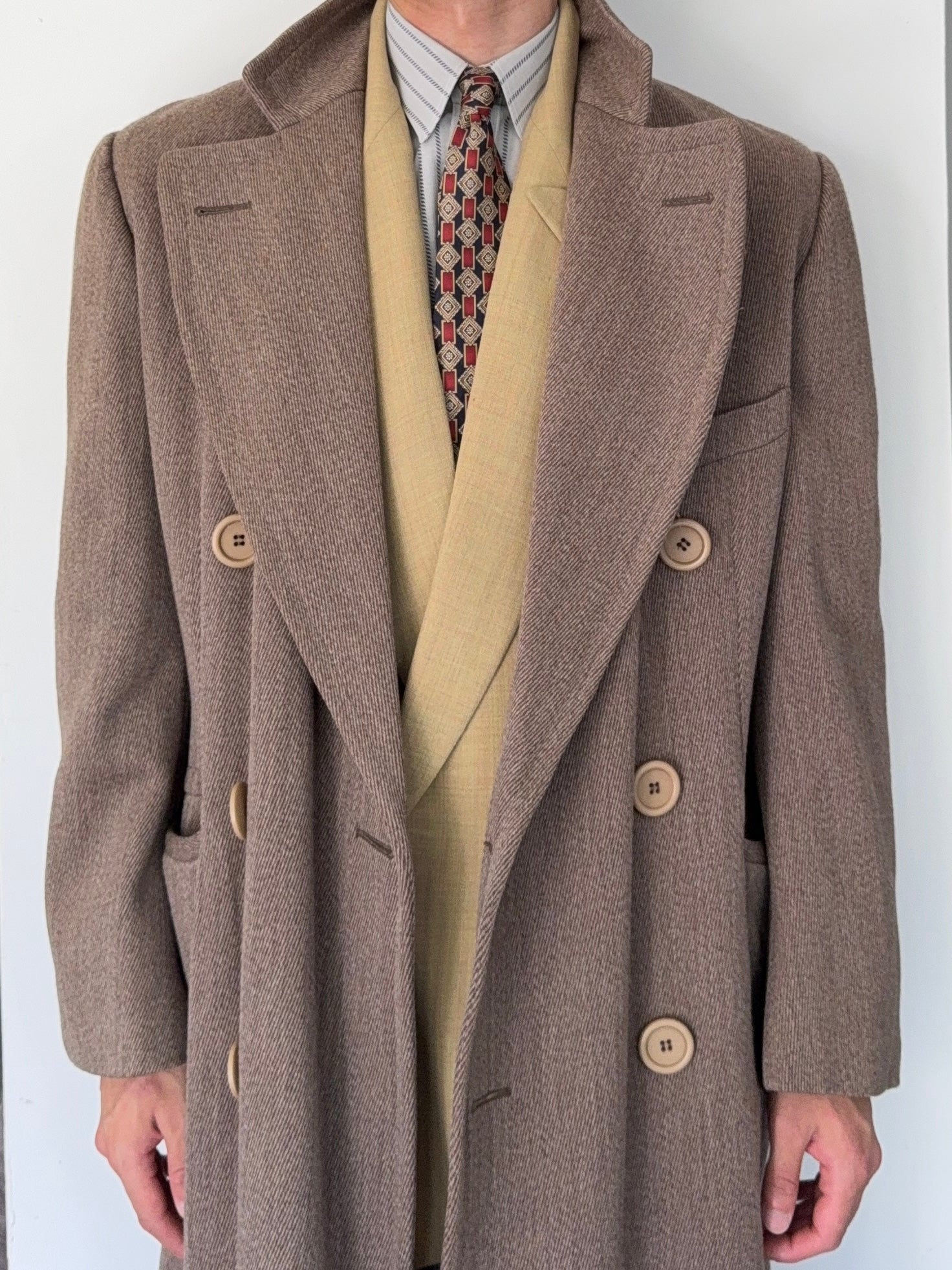 Emporio Armani 1995 Oversized Button Double Breasted Taupe Brown Wool Coat - Size M
