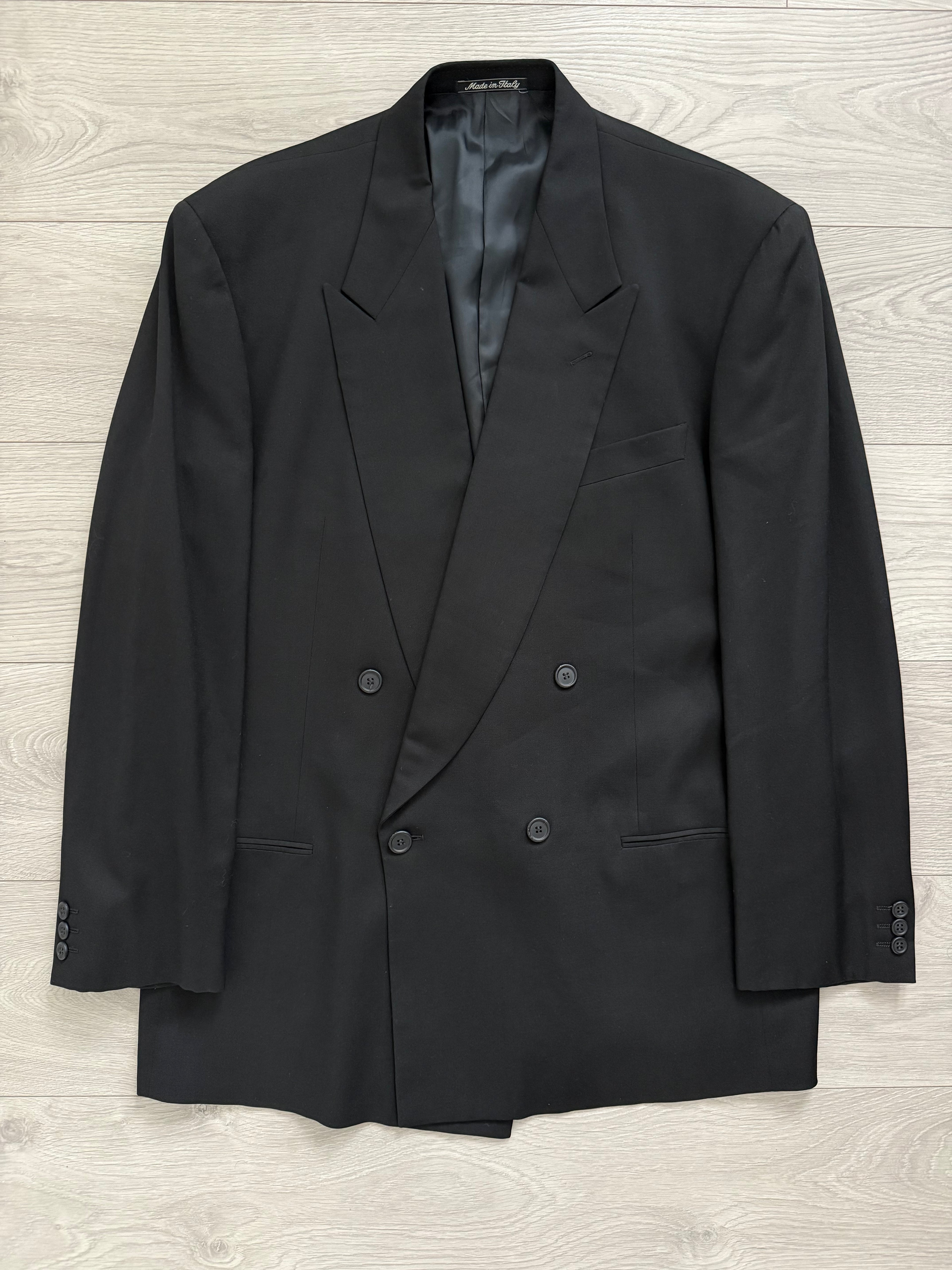 Giorgio Armani 1980s Peaked Lapel Double Breasted Pleated Black Suit - Size XXL Jacket / 44" Waist