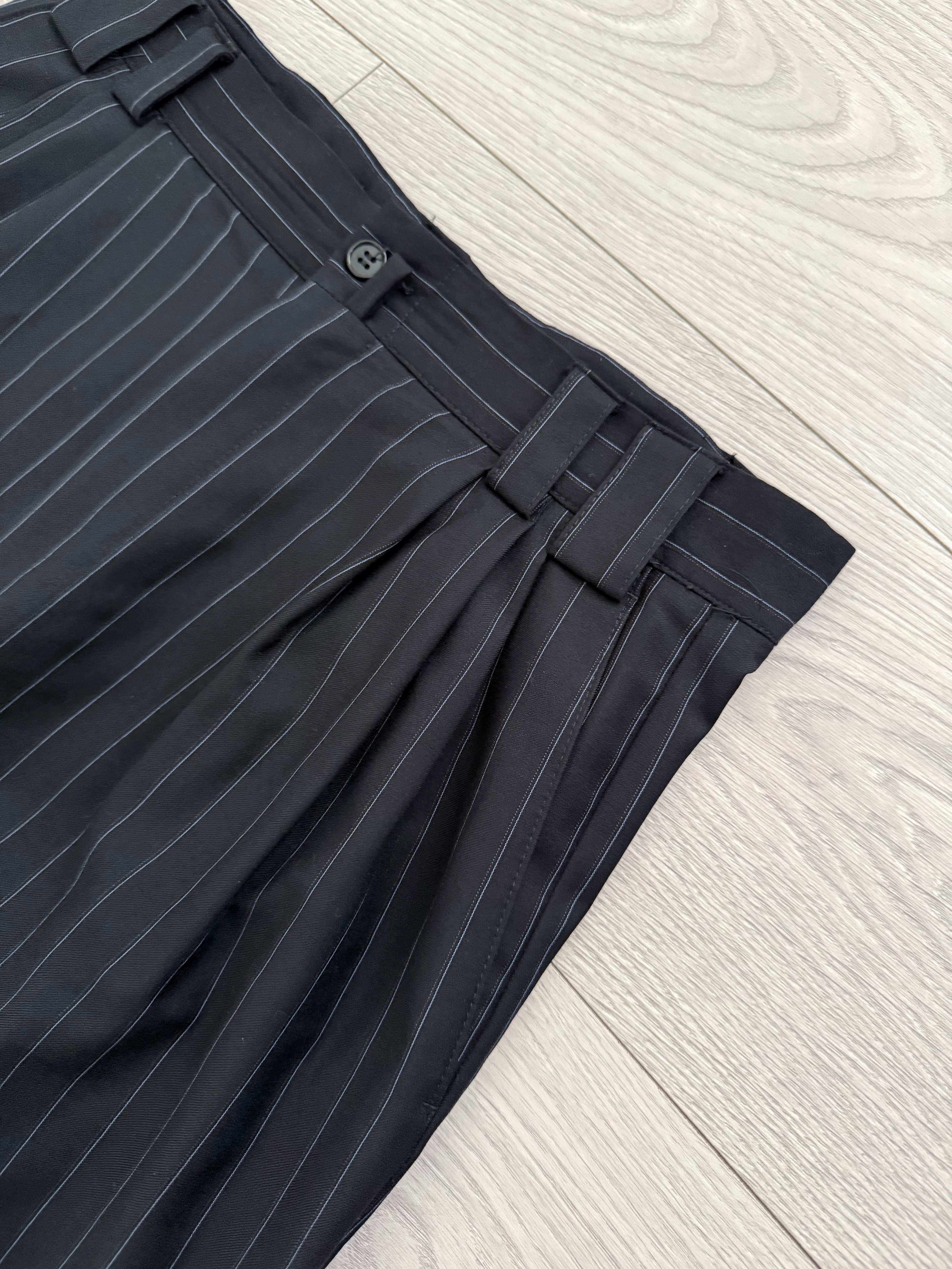 Versace 1980s Peak Lapel Double Breasted Triple Pleated Wool Striped Suit - Size L Jacket / 33" Waist