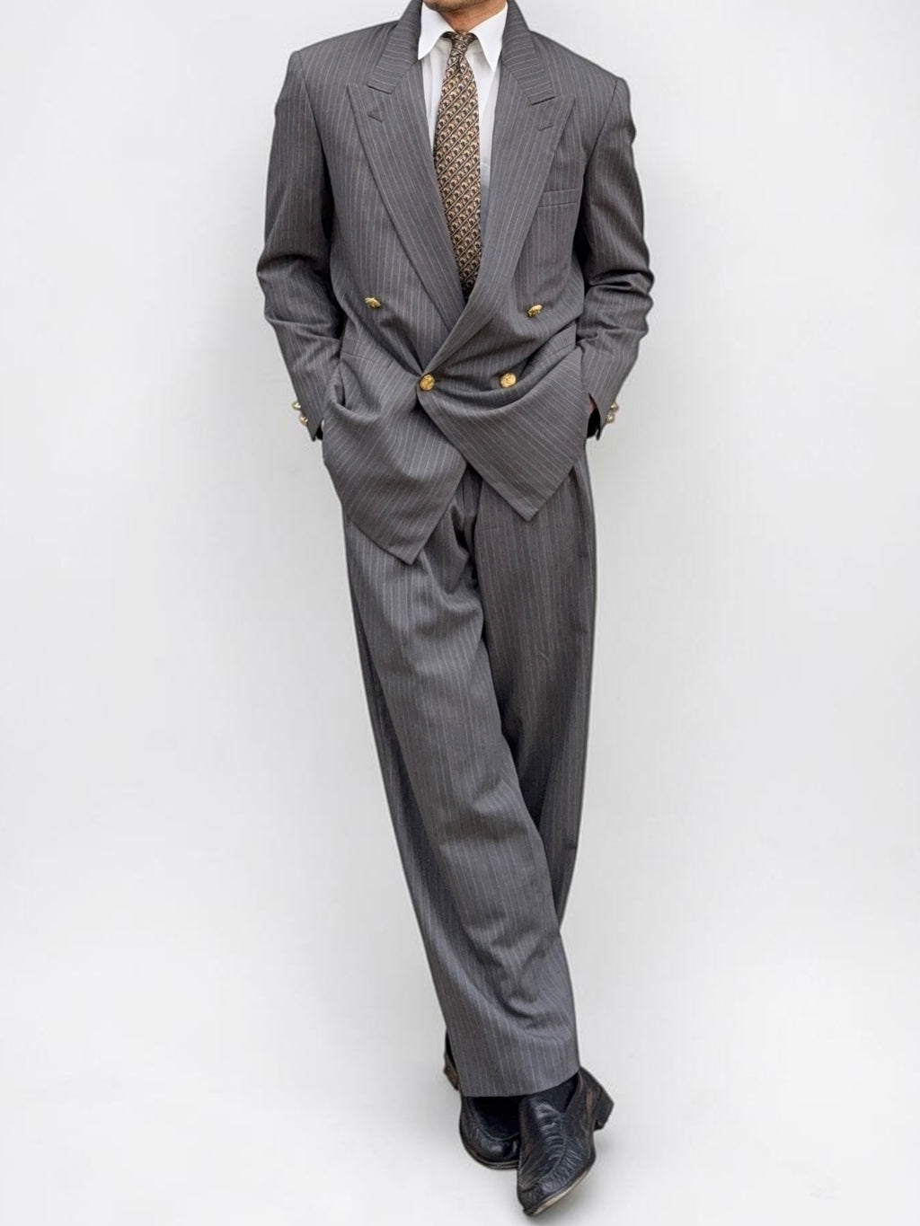 Versace 1980s Peaked Lapel Double Breasted Medusa Metal Button Triple Pleat Striped Wool Suit - Size S Jacket / 30" Waist