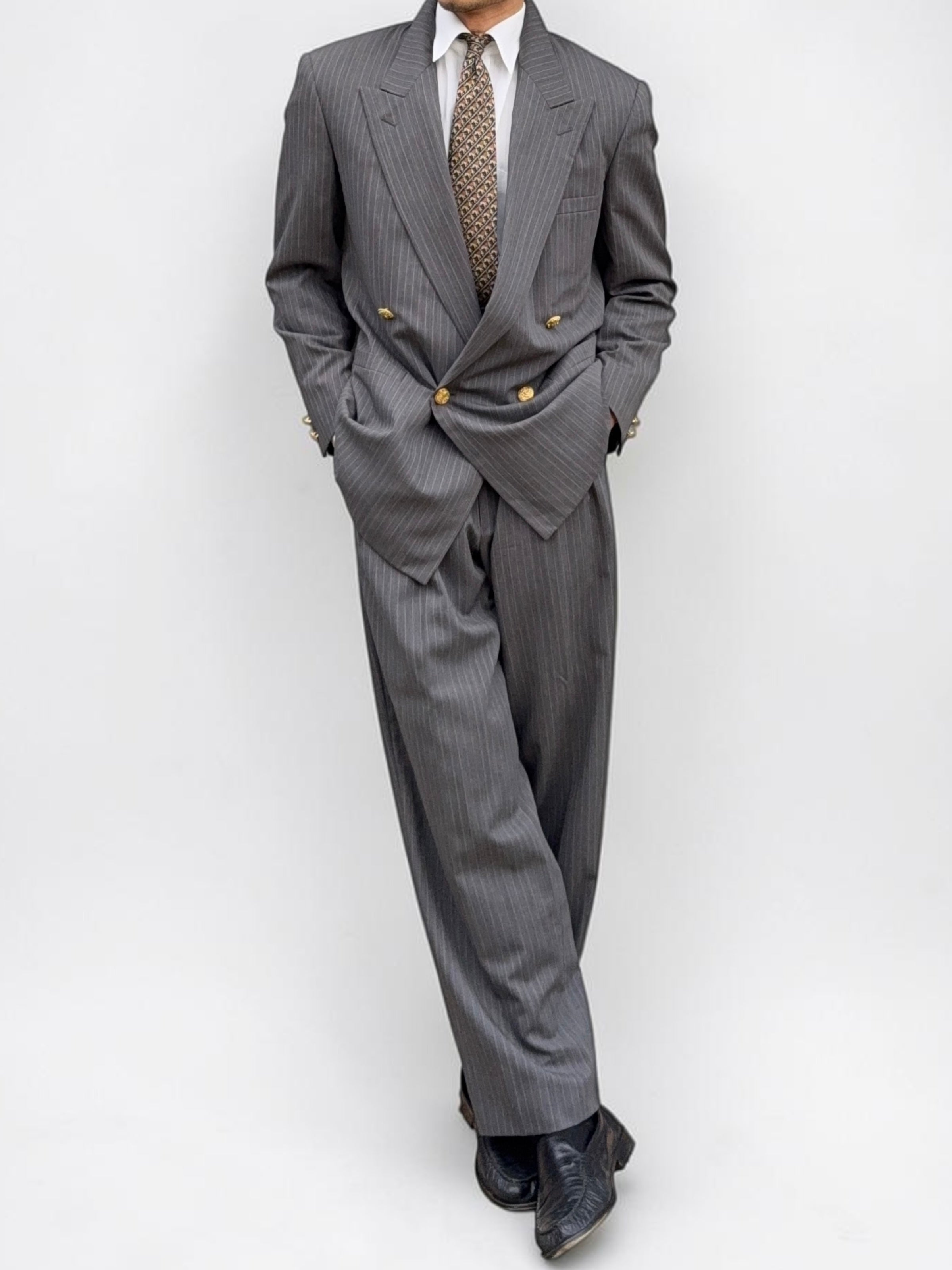 Versace 1980s Peaked Lapel Double Breasted Medusa Metal Button Triple Pleat Striped Wool Suit - Size S Jacket / 30" Waist
