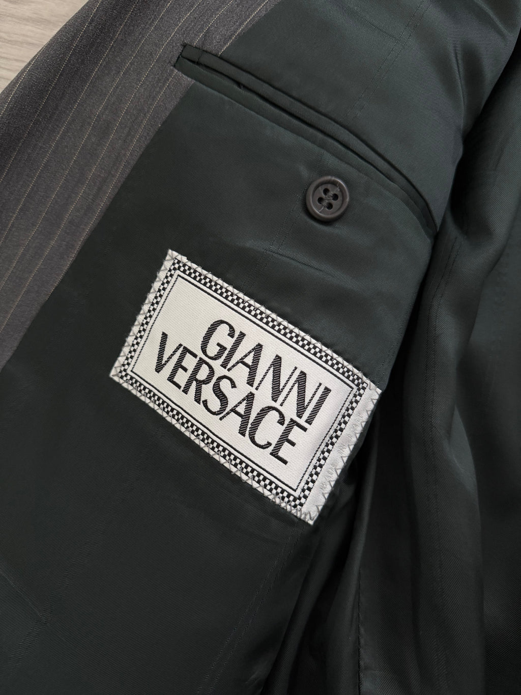 Versace 1980s Peaked Lapel Double Breasted Medusa Metal Button Triple Pleat Striped Wool Suit - Size S Jacket / 30" Waist