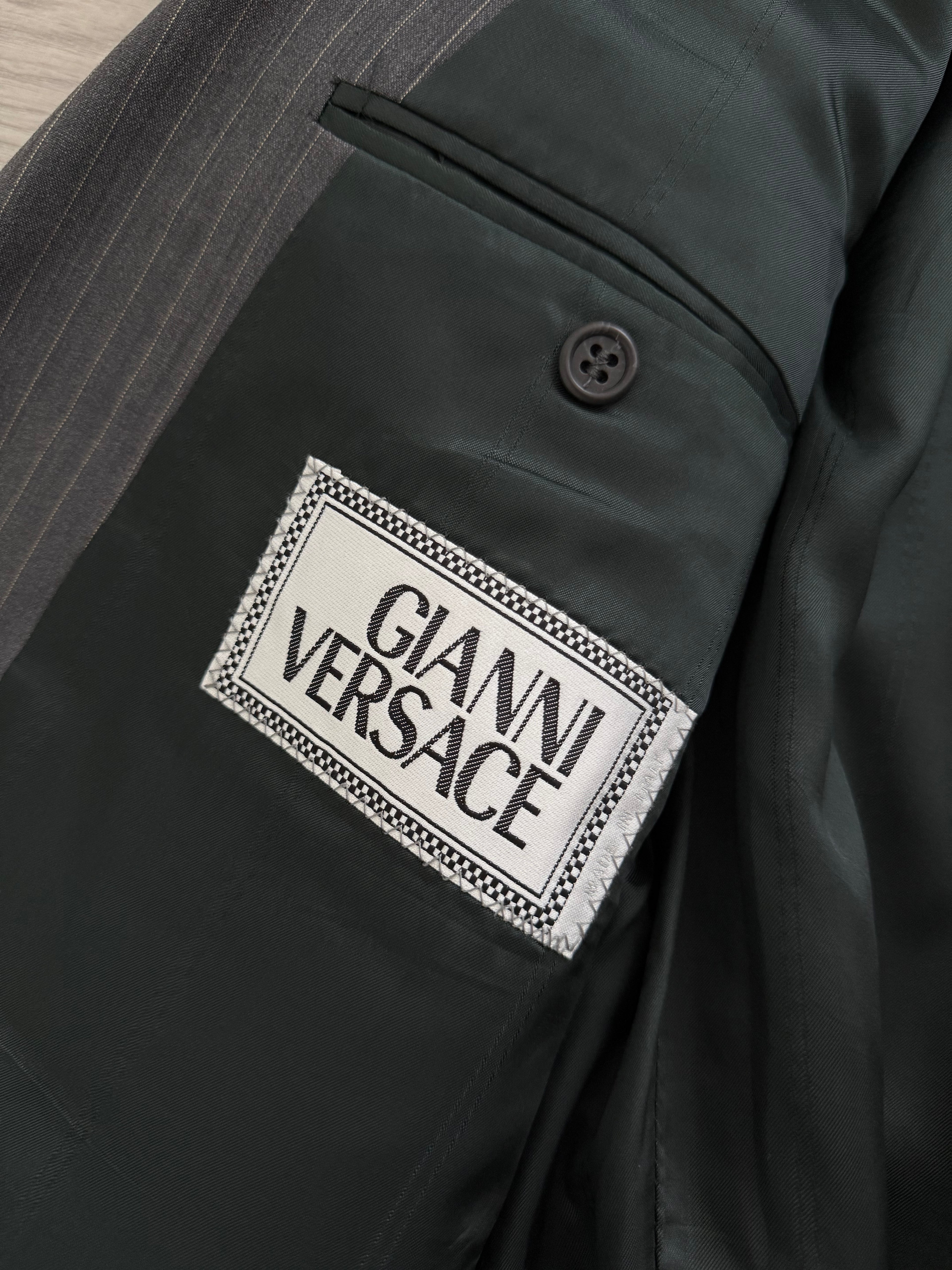 Versace 1980s Peaked Lapel Double Breasted Medusa Metal Button Triple Pleat Striped Wool Suit - Size S Jacket / 30" Waist