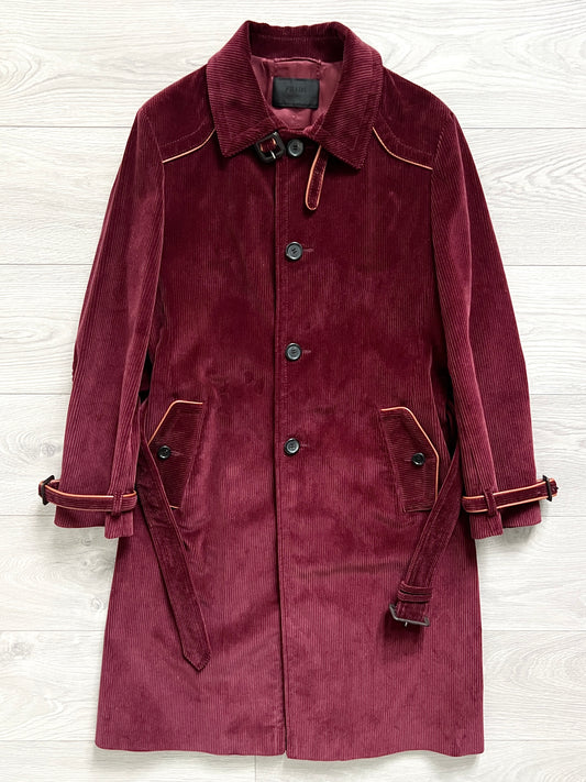 Prada FW2017 Runway Burgundy Red Western Corduroy Belted Coat - Size M