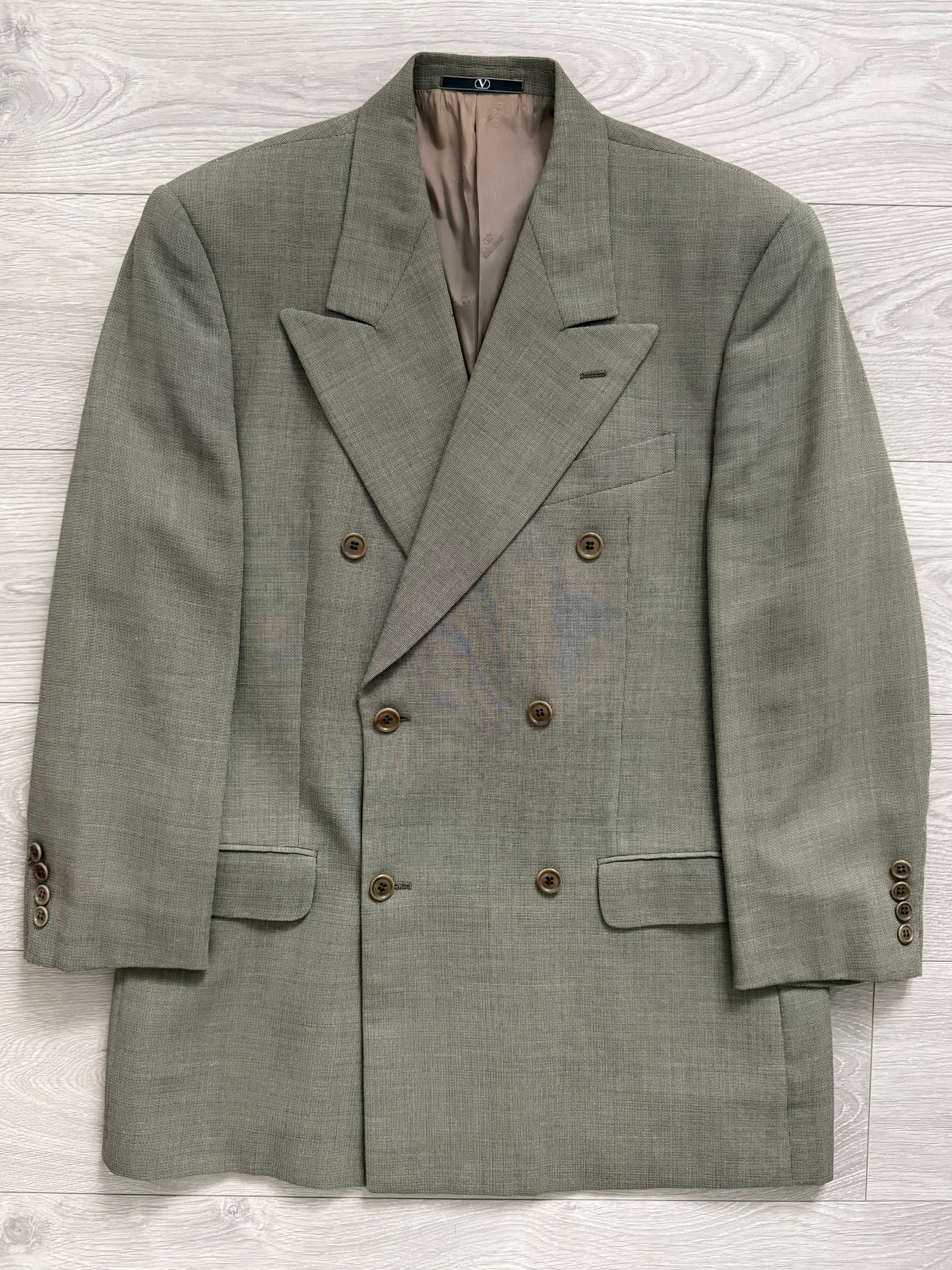 Valentino 1980s 6B Double Breasted Wool Power Suit in Taupe Olive - Size M Jacket / 32" Waist
