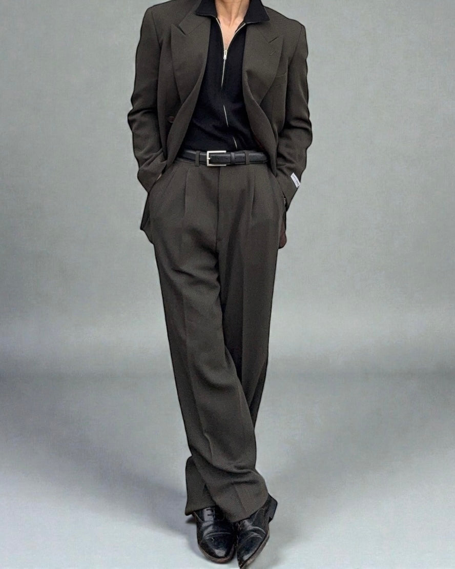 Giorgio Armani 1980s Double Breasted Pleated Wool Suit Forest Green New - Size L Jacket / 32" Waist `