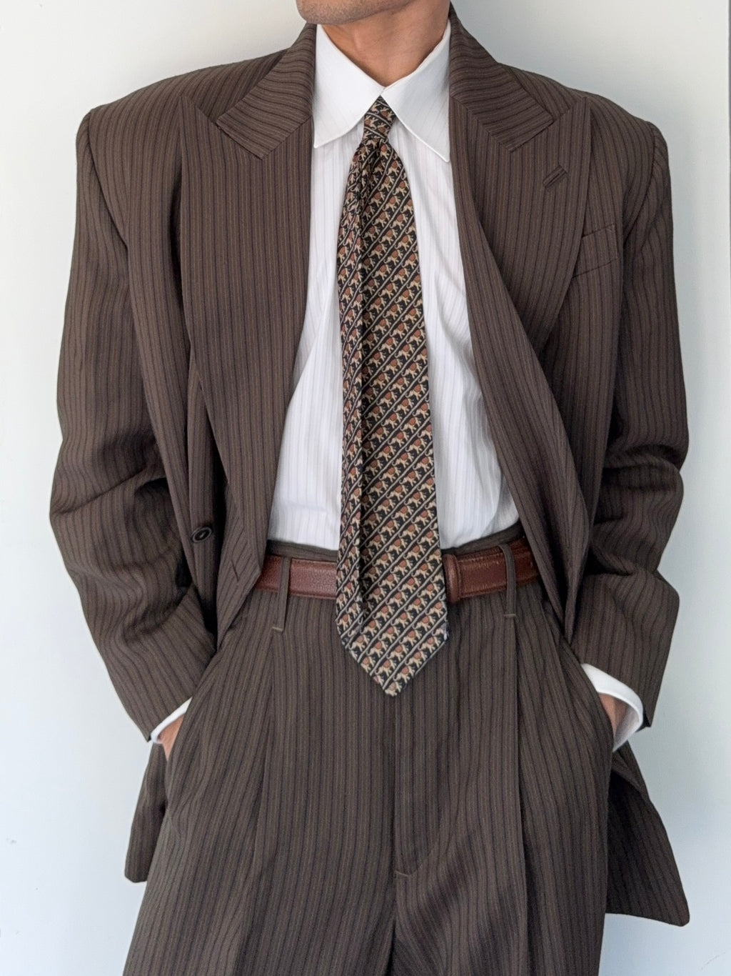 Jean Paul Gaultier 1990s Peaked Lapel Double Breasted Pleated Textured Suit - Size XL Jacket / 34" Waist